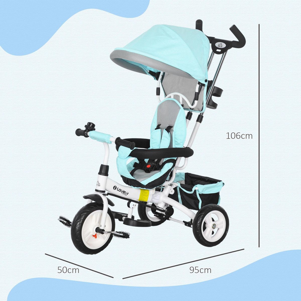 HOMCOM Tricycle enfant évolutif pare-soleil pliable canne télescopique amovible acier bleu turquoise