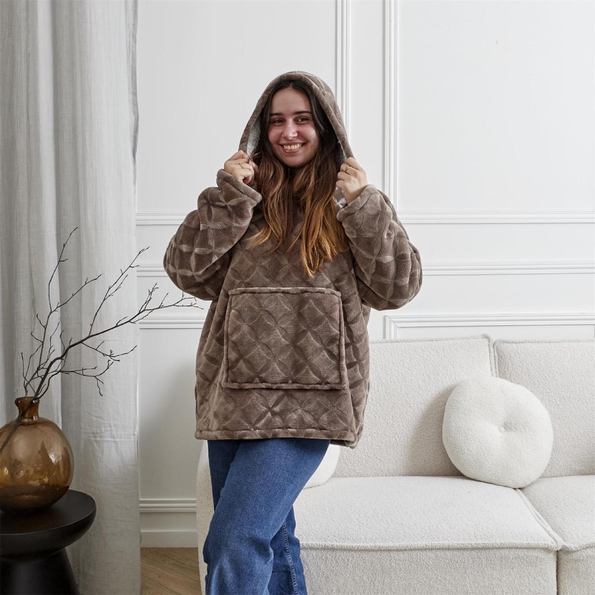 Voir la diapositive 3 : The Home Deco Factory Plaid sweat à capuche  embosse  85x118cm marron