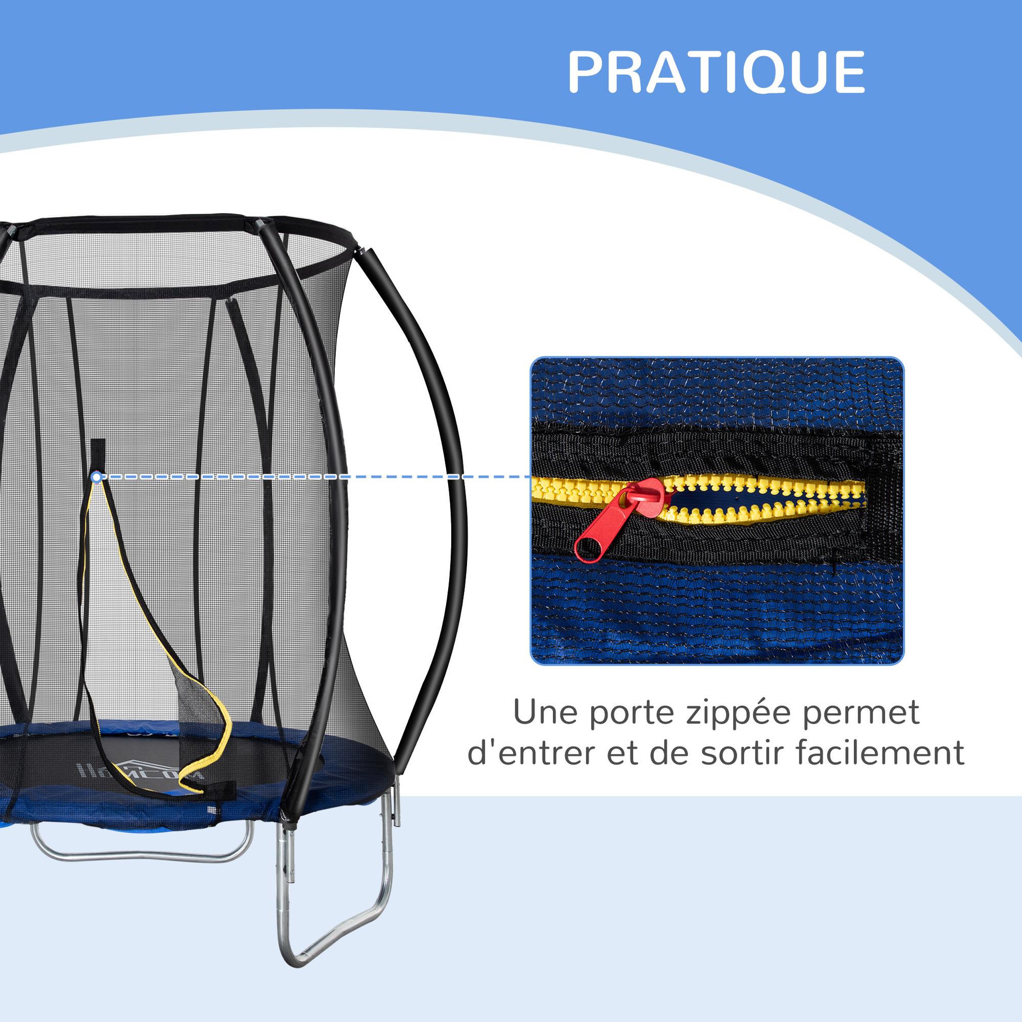 Voir la diapositive 6 : HOMCOM Trampoline enfant Ø 2,25 × 2,35H m filet de sécurité porte zipée couvre-ressorts 6 poteaux rembourrés incurvés bleu