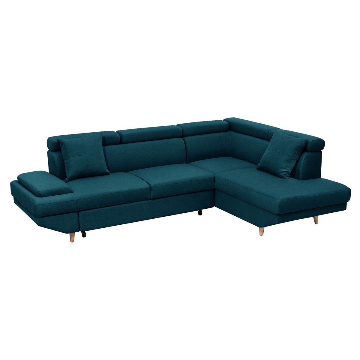 Canapé d'angle droit convertible 5 places tissu pieds bois clair MARIUS 