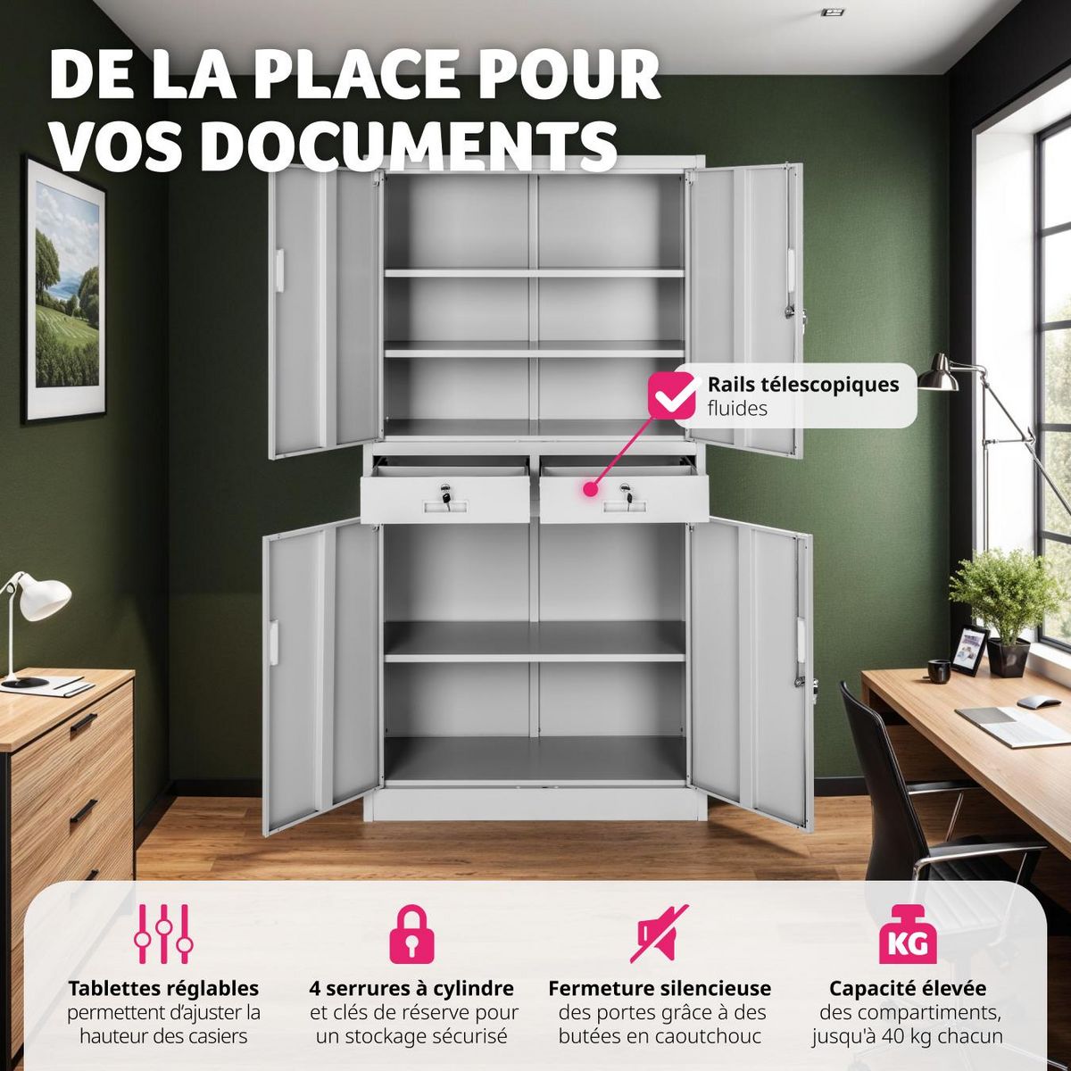 tectake Armoire de classement en métal en acier lâqué époxy gris clair