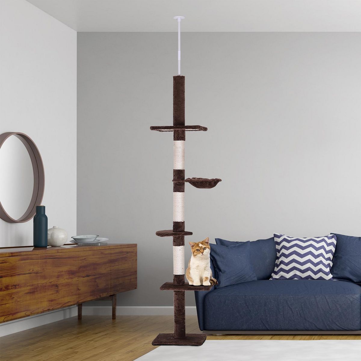 PAWHUT Arbre à chat poteau à griffer L40 x l 34 x H 230-260 cm 5 niveaux d'activités marron