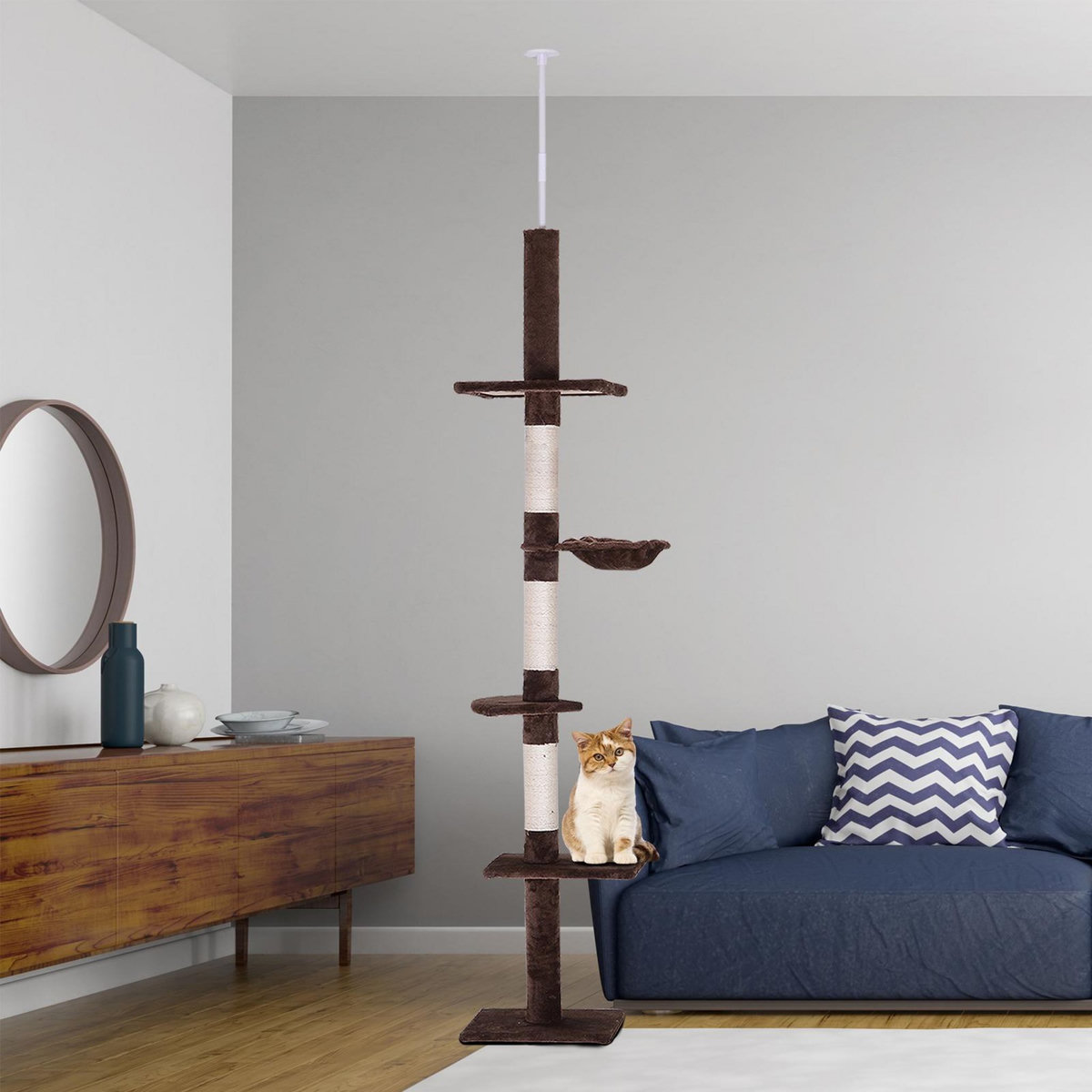 PAWHUT Arbre à chat poteau à griffer L40 x l 34 x H 230-260 cm 5 niveaux d'activités marron