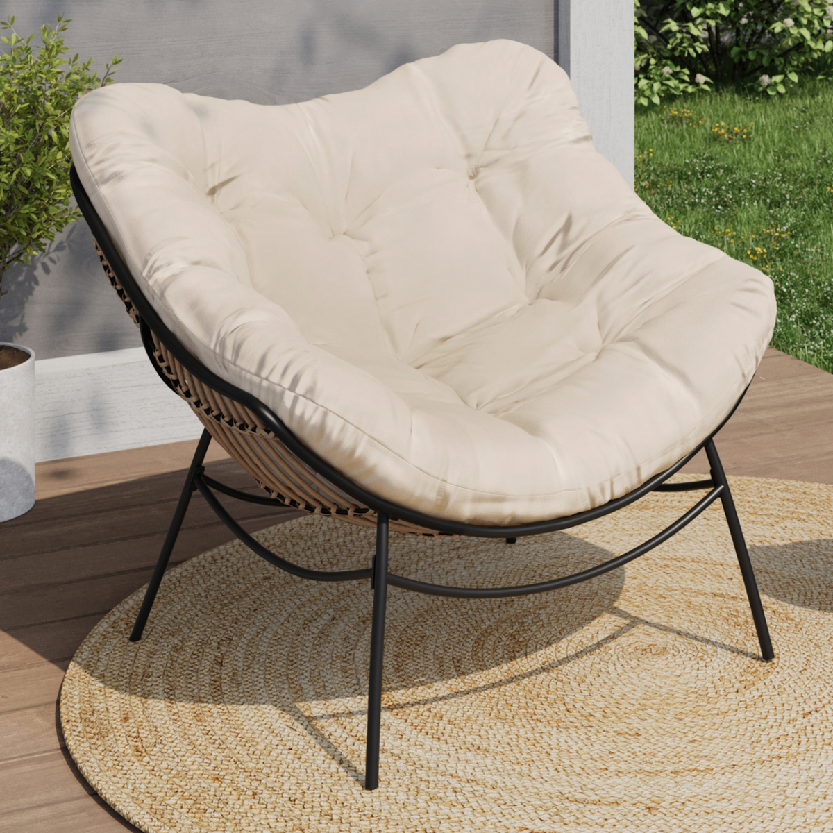 ID MARKET Fauteuil de jardin relax LOA effet rotin avec coussin écru