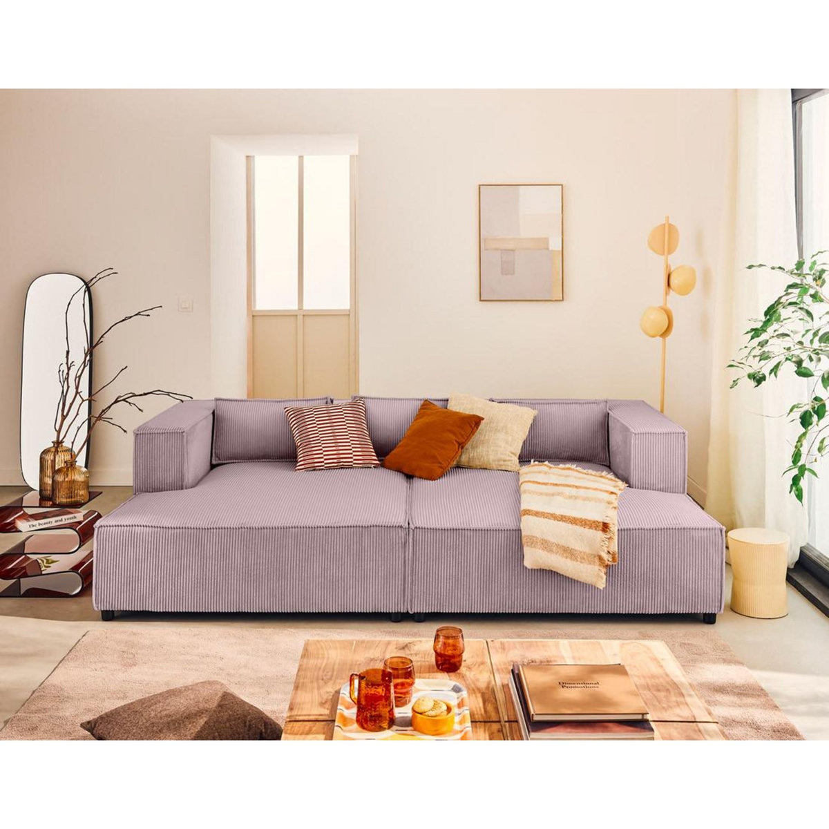 LISA DESIGN Stella - canapé droit 3 places avec double méridienne - assise profonde - en velours côtelé