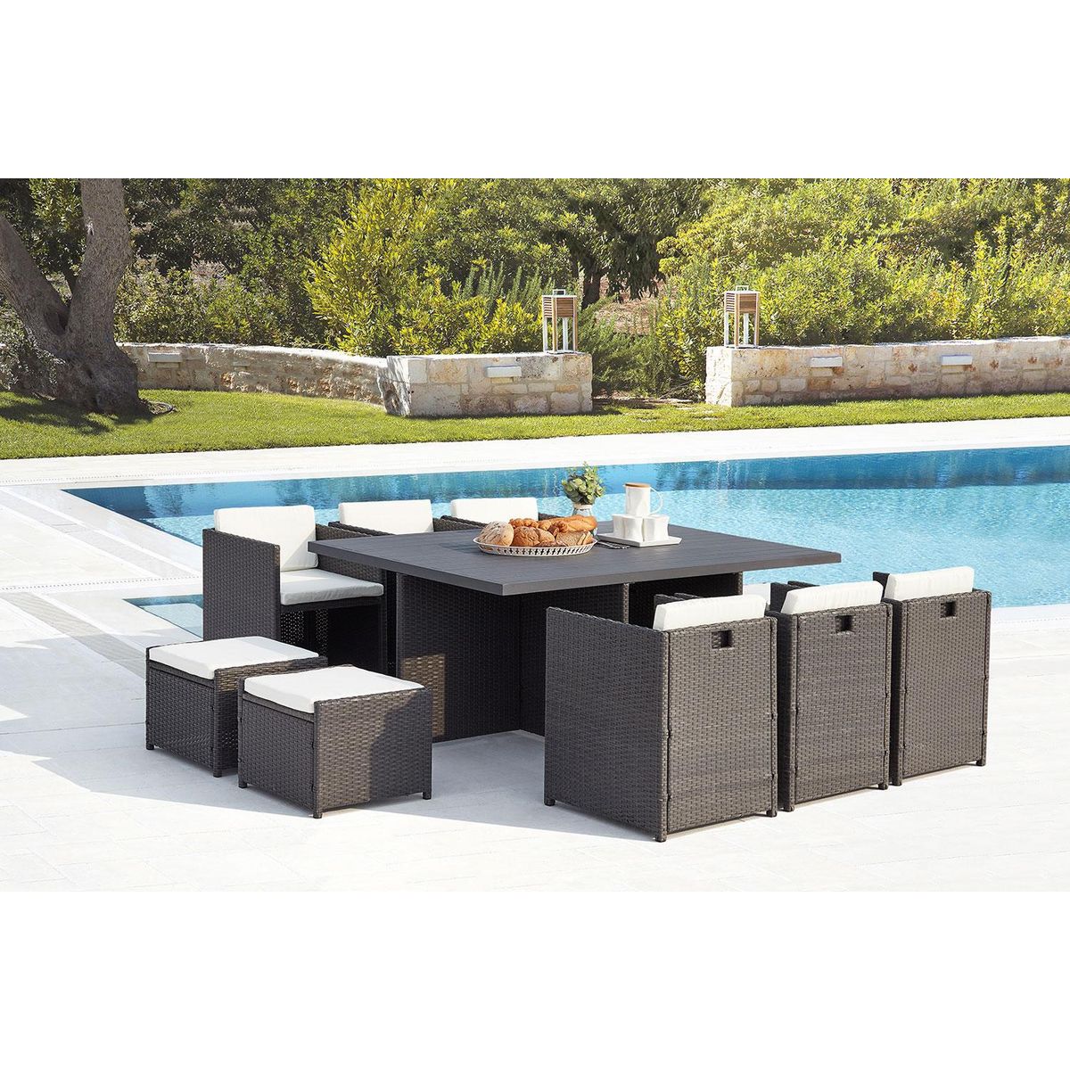 CONCEPT USINE Table et chaise 10 places encastrables alu résine gris-blanc SUNSET