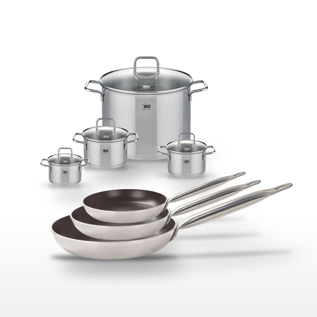 ELO Lot de 3 Poêles 24/28/32 cm Elo Bistro Line et 4 Faitouts 12/14/16/26 cm Elo Citrin