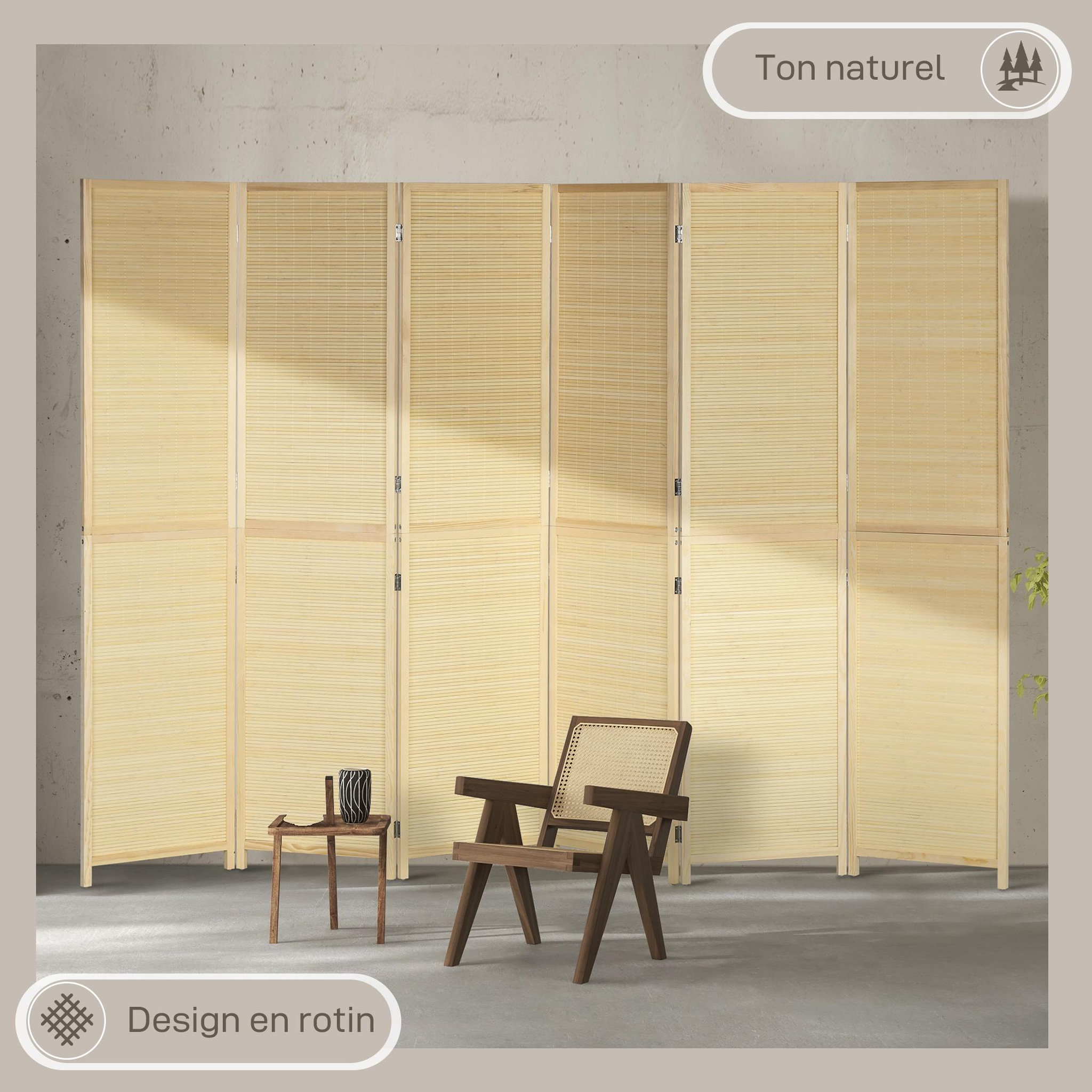 Voir la diapositive 5 : HOMCOM Paravent séparateur de pièce 6 panneaux pliables dim. 270L x 180H cm bois de bambou