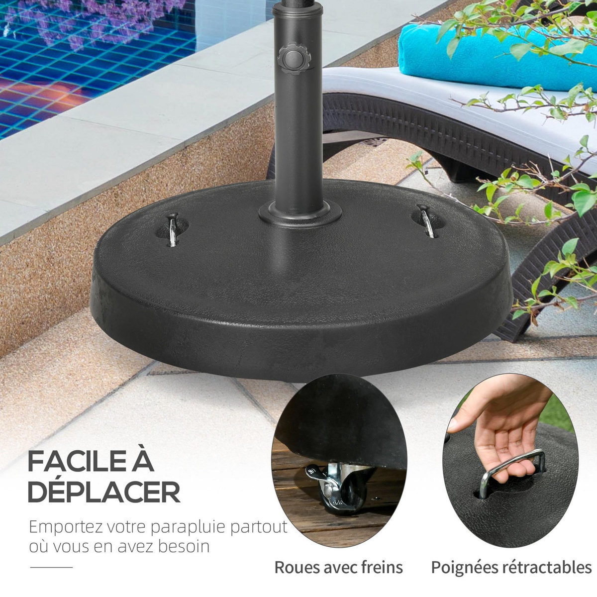 OUTSUNNY Pied de parasol rond - base de lestage parasol sur roulettes - poids net 24 Kg - résine surface granuleuse noir