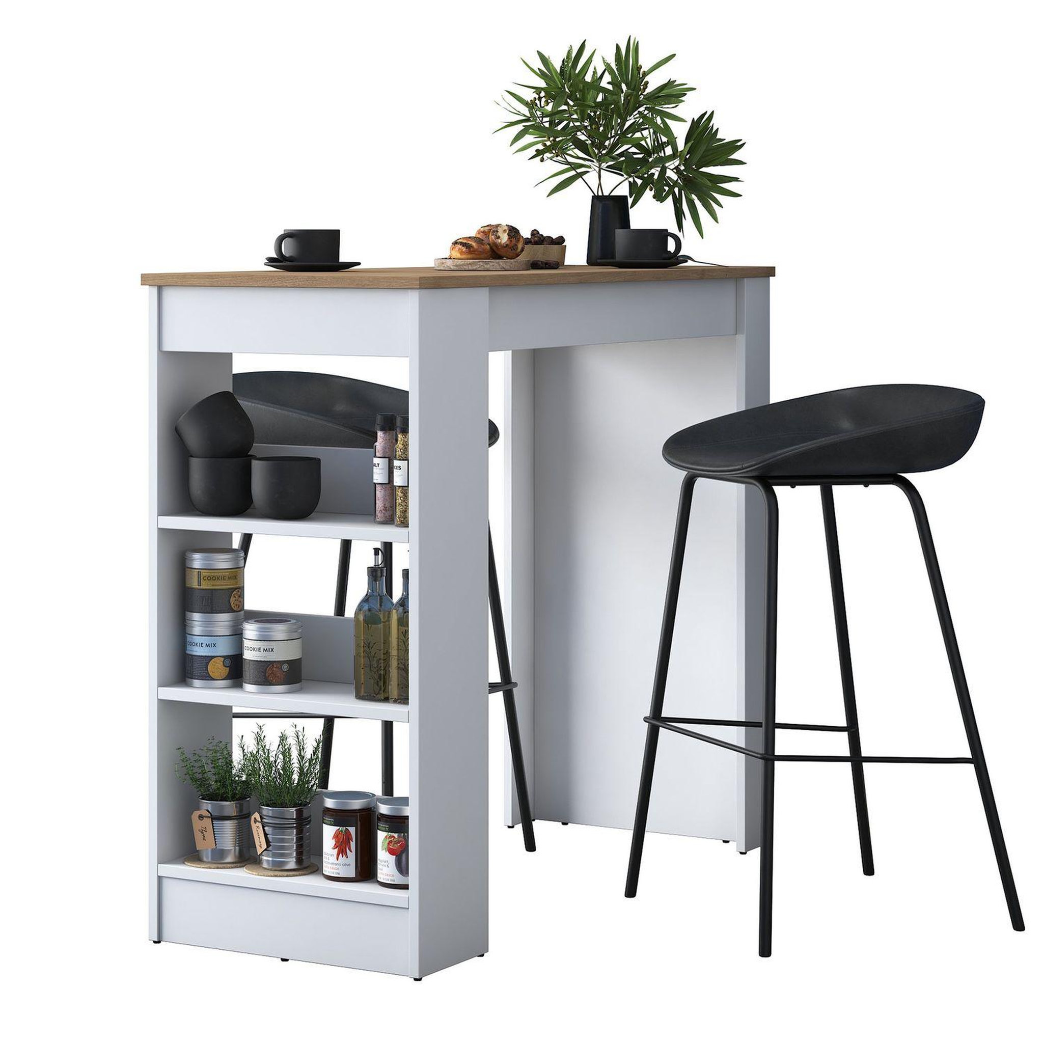 Voir la diapositive 4 : TOILINUX Table de bar avec niches de rangements en bois - marron et blanc