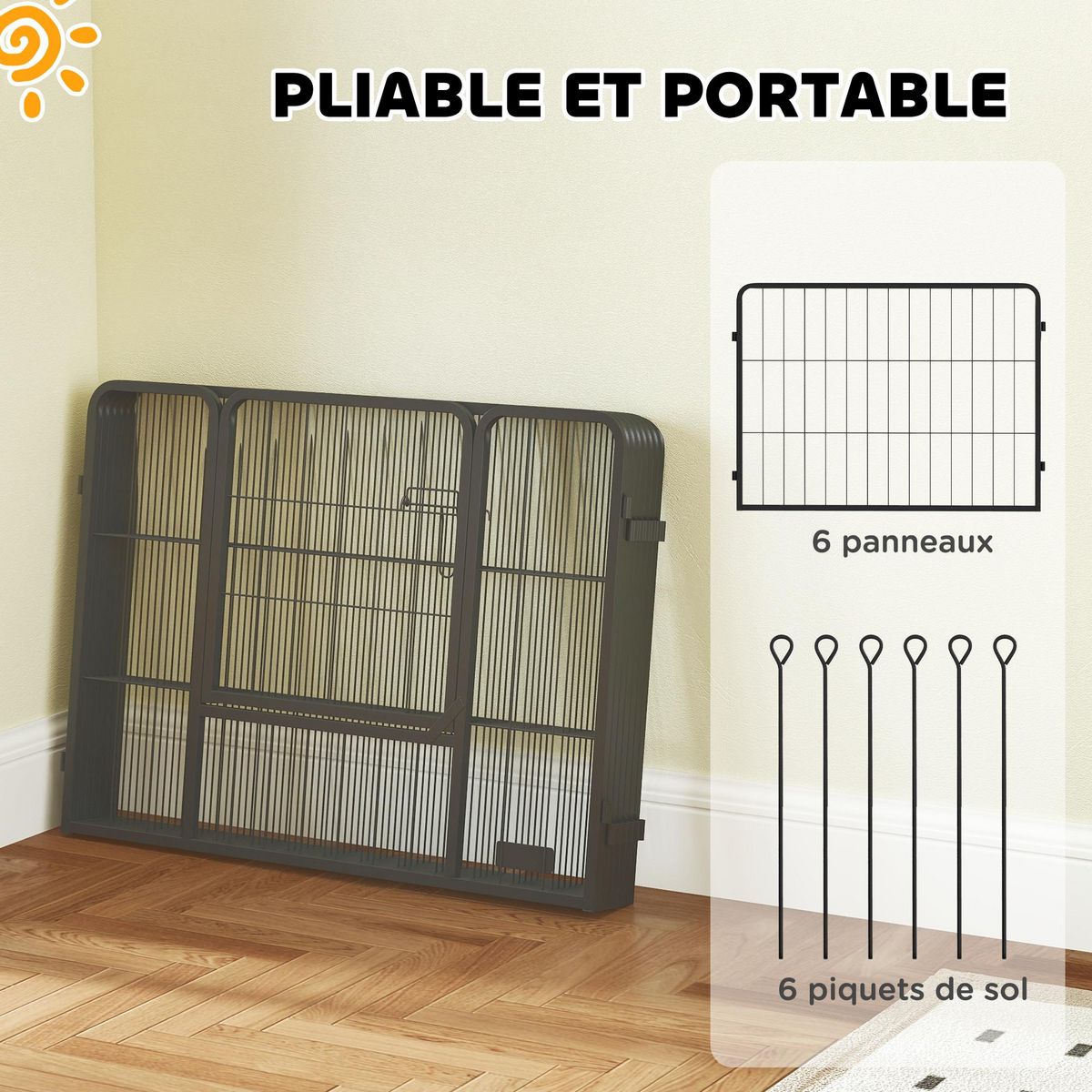 PAWHUT Parc enclos chien modulable pliable 6 panneaux H.60cm porte verrouillable acier époxy noir