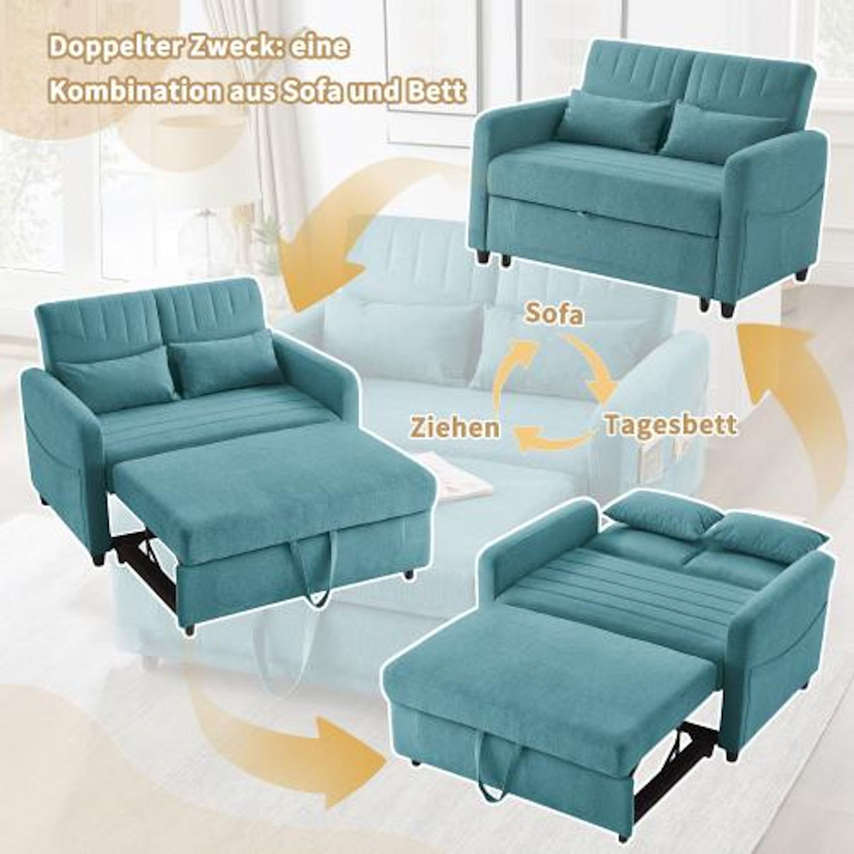 MERAX Canapé droit convertible 2 places coton et lin