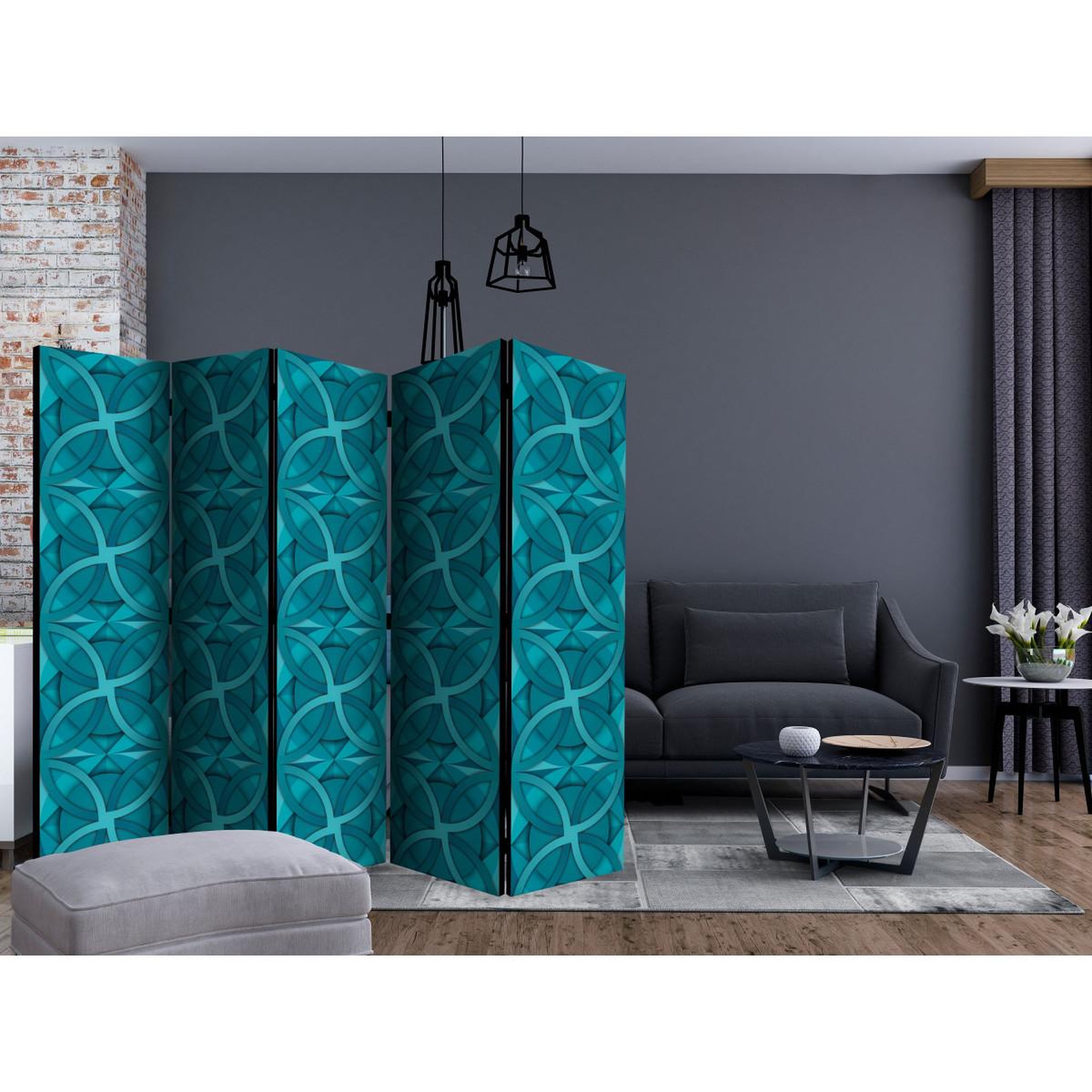 Voir la diapositive 2 : Paris Prix Paravent 5 volets  geometric turquoise  172x225cm
