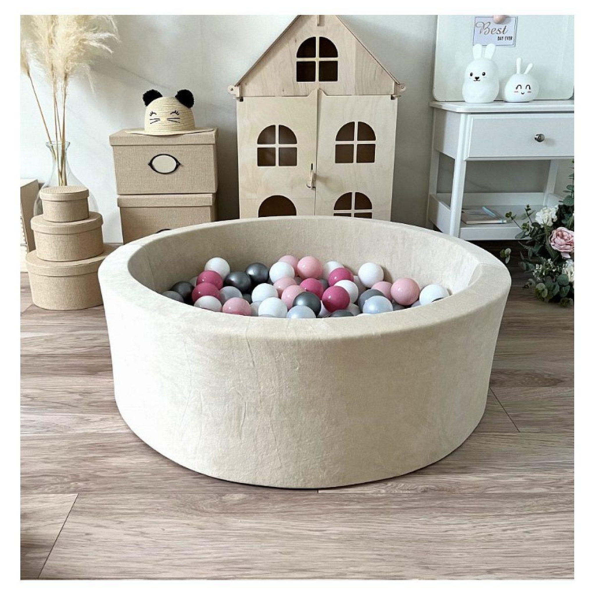 Voir la diapositive 2 : MONIO FOR KIDS Piscine à balles velours 90 cm crème + 200 balles