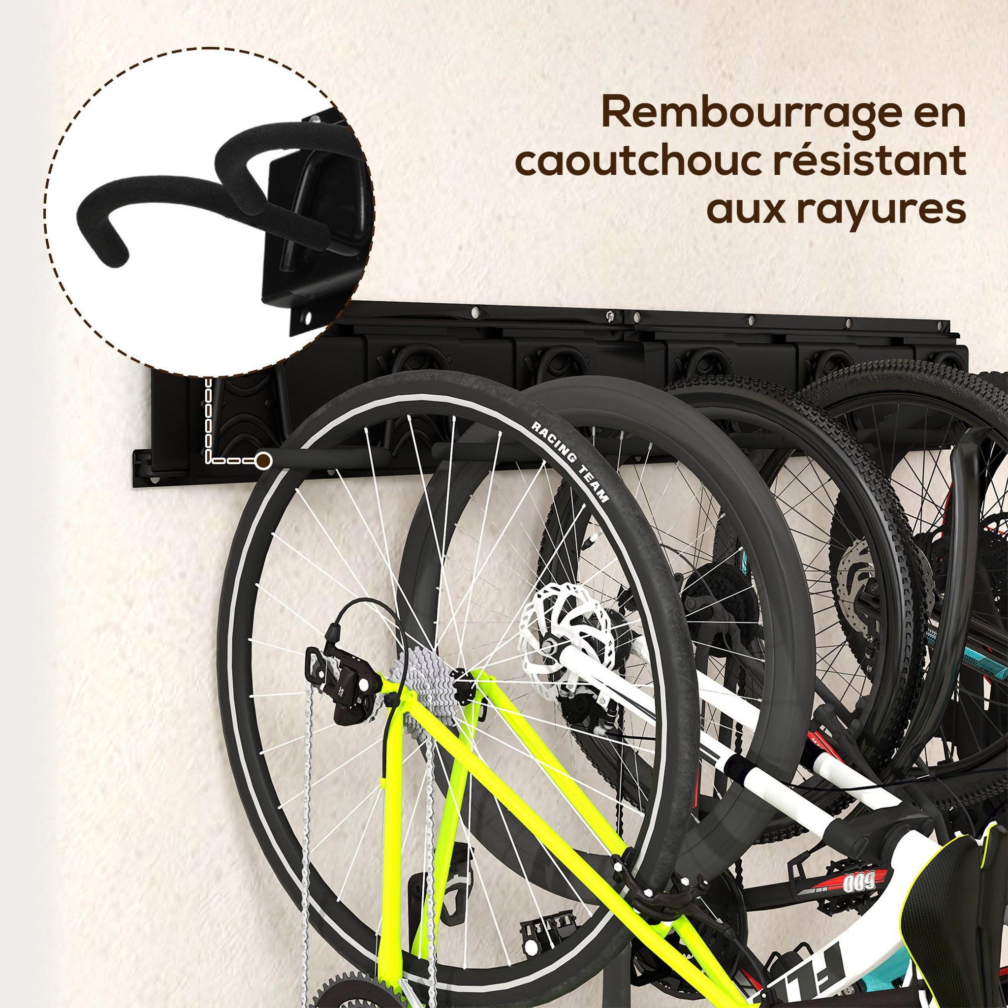 Voir la diapositive 6 : HOMCOM Support mural pour vélos, porte-vélos mural rangement pour 5 vélos et 3 casques, crochets de rangement réglables, porte-vélos, 121,5 x 10 cm noir