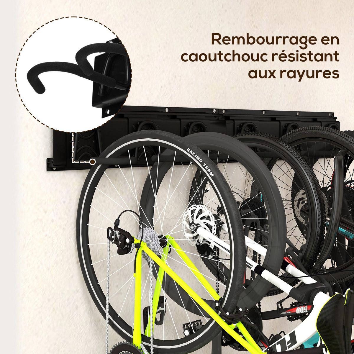 HOMCOM Support mural pour vélos, porte-vélos mural rangement pour 5 vélos et 3 casques, crochets de rangement réglables, porte-vélos, 121,5 x 10 cm noir