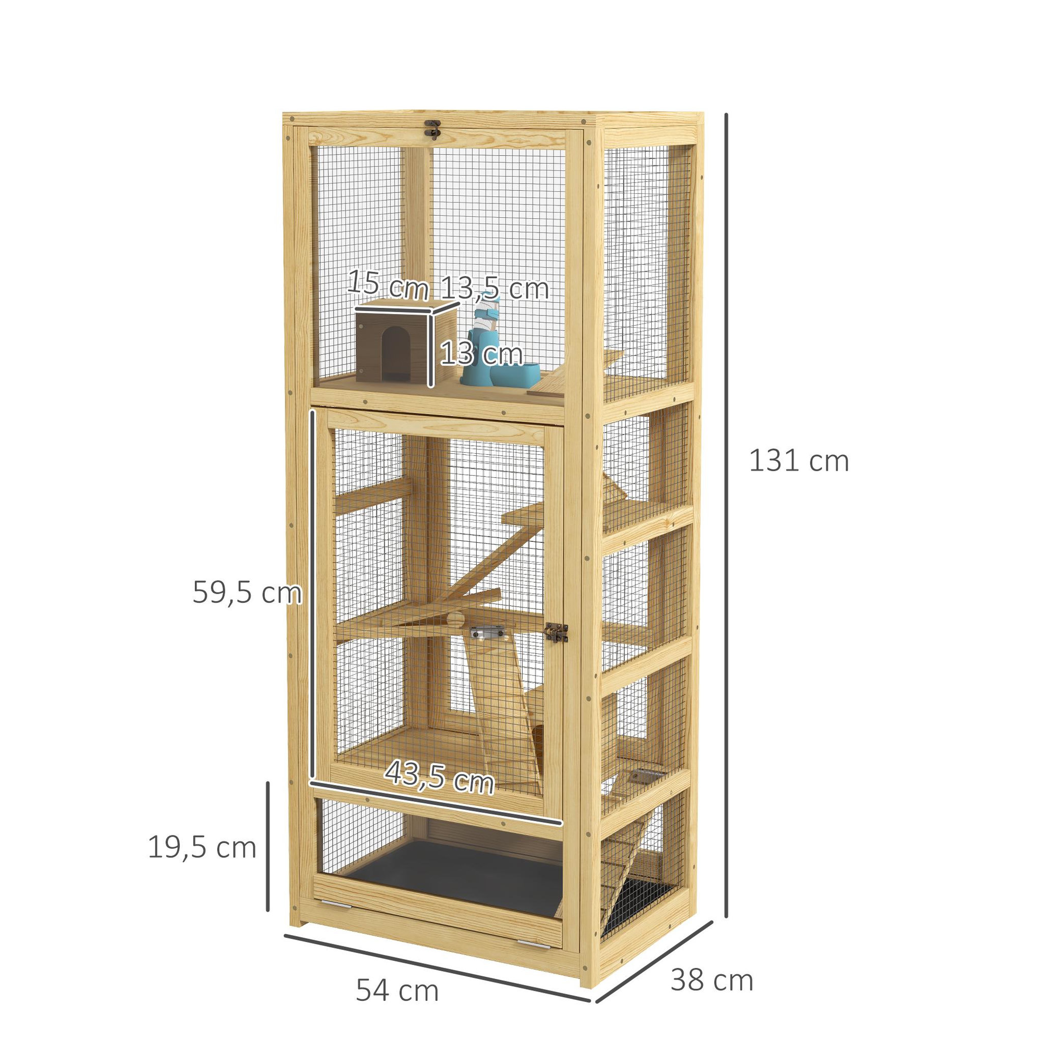 Voir la diapositive 3 : PAWHUT Cage pour rongeurs petits animaux en bois 5 niveaux - échelle, niche, balançoire, plateau amovible, abreuvoir