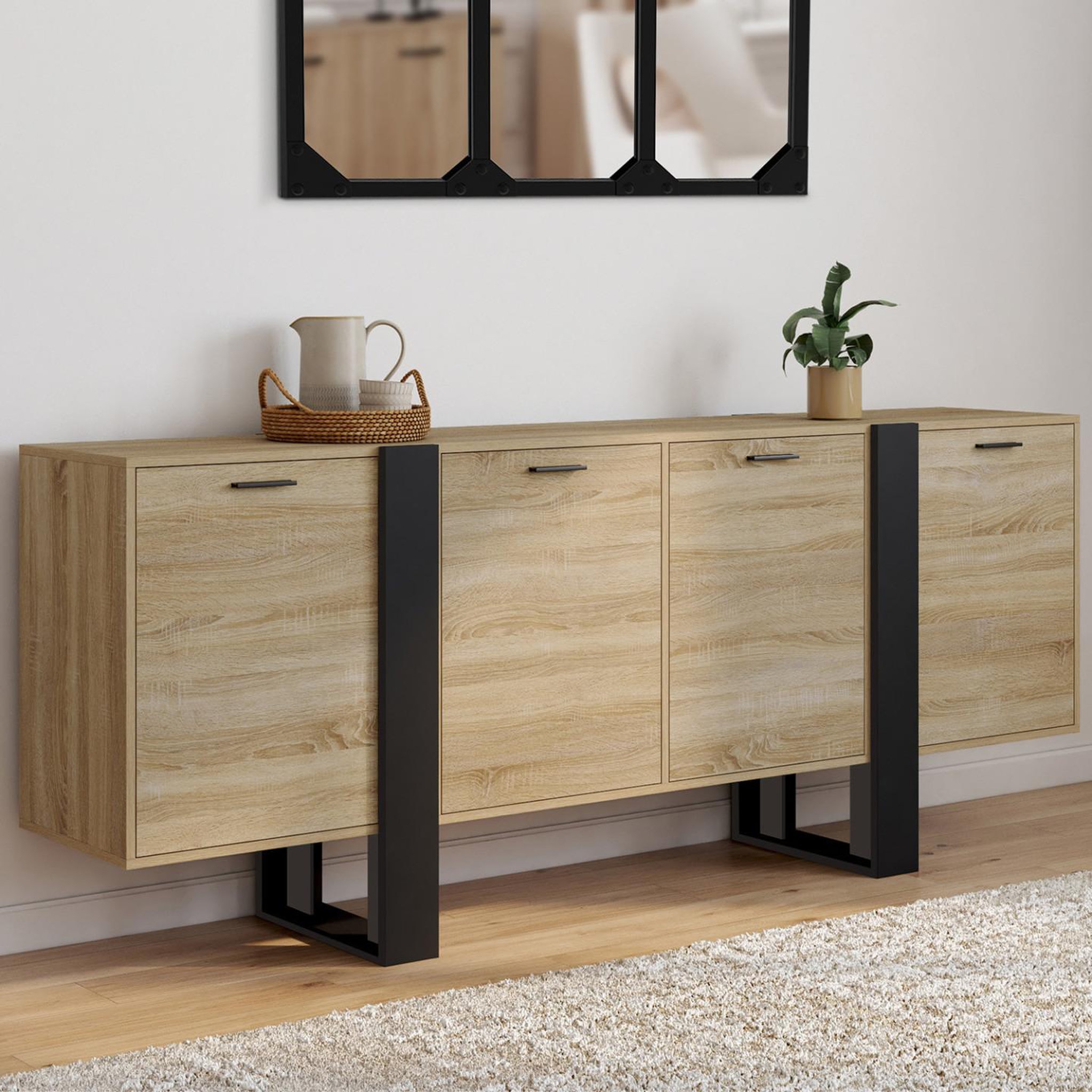 Voir la diapositive 2 : ID MARKET Buffet enfilade 200 cm phoenix xxl 4 portes bois et noir