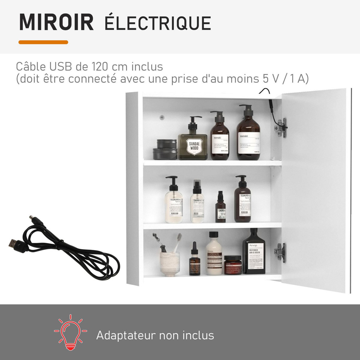 HOMCOM Miroir lumineux LED armoire murale design de salle de bain 2 en 1 dim. 50L x 15l x 60H cm MDF blanc