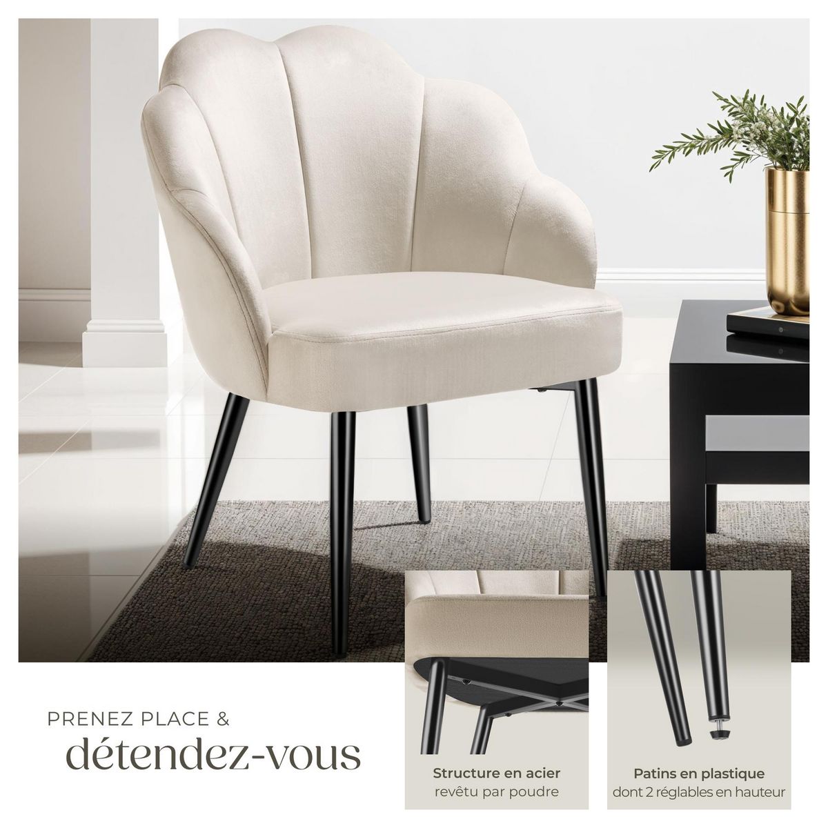 tectake Fauteuil cocktail rembourré en velours crème/noir Lot de 2