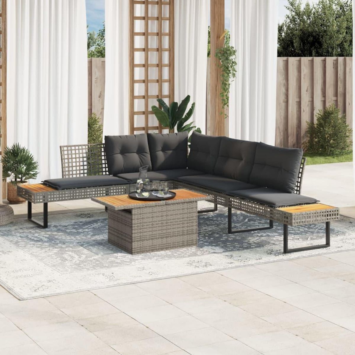 VIDAXL Salon de jardin avec coussins 5 pcs gris resine tressee acacia