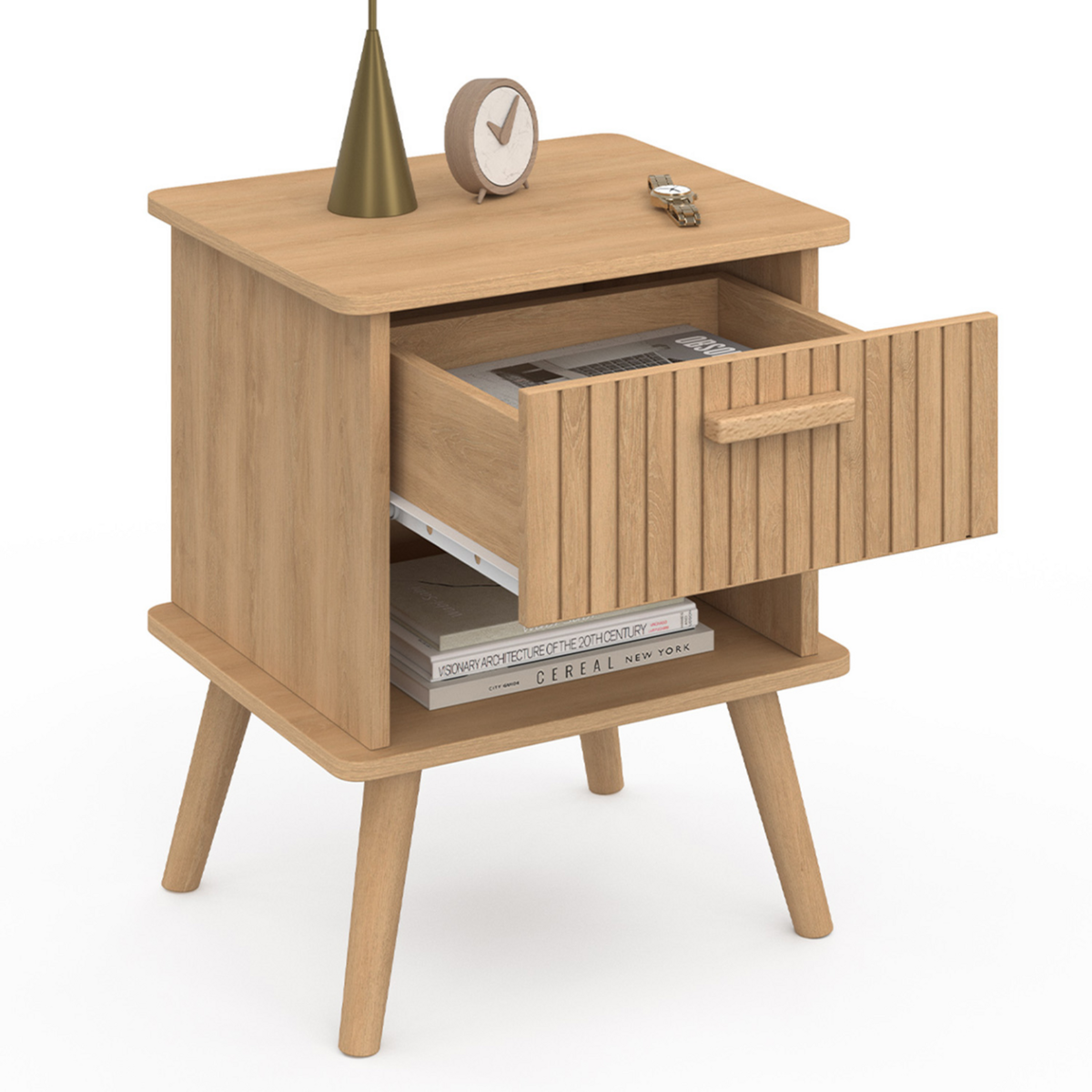 ID MARKET Lot de 2 tables de chevet JULIETTE 1 tiroir avec niche effet lattes tasseau bois