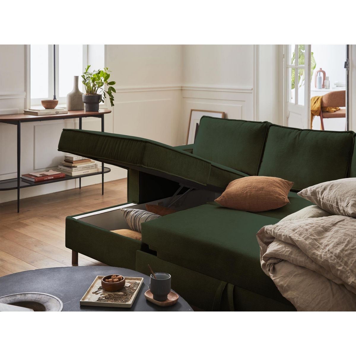 LISA DESIGN Jake - canapé panoramique en u - 7 places - convertible avec coffre - en velours côtelé