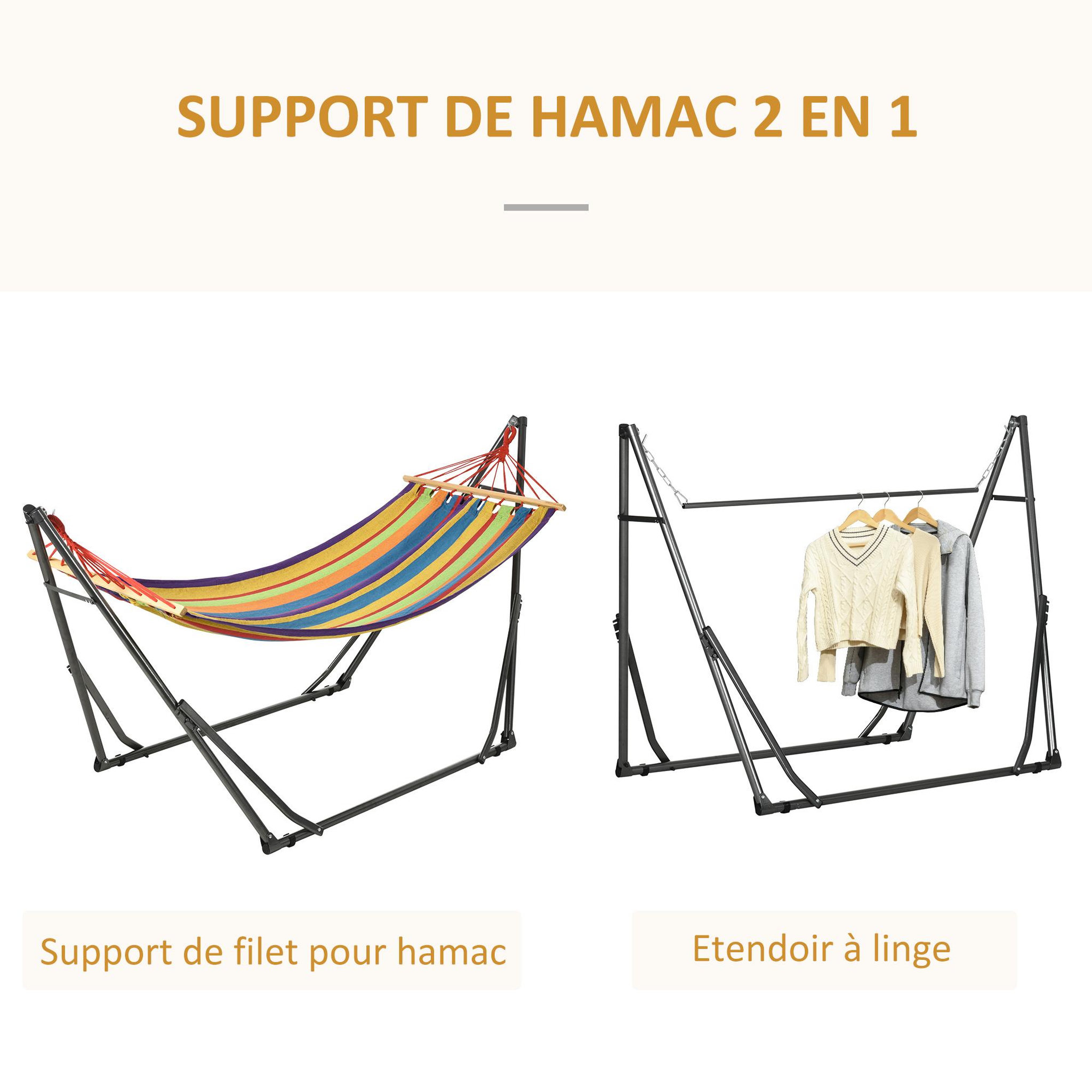 Voir la diapositive 4 : OUTSUNNY Hamac de jardin pliable avec support acier époxy et toile coton lin multicolore