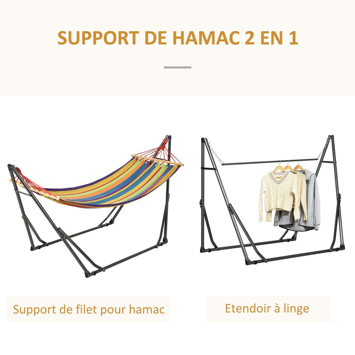 OUTSUNNY Hamac de jardin pliable avec support acier époxy et toile coton lin multicolore
