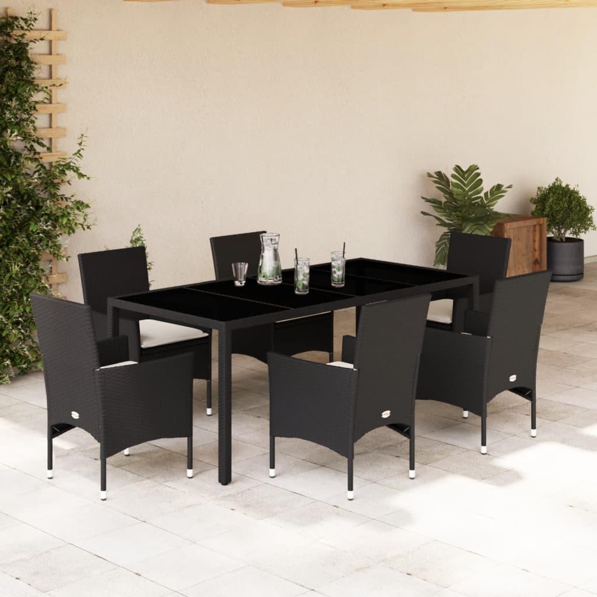VIDAXL Ensemble a manger de jardin et coussins 7 pcs noir rotin acacia