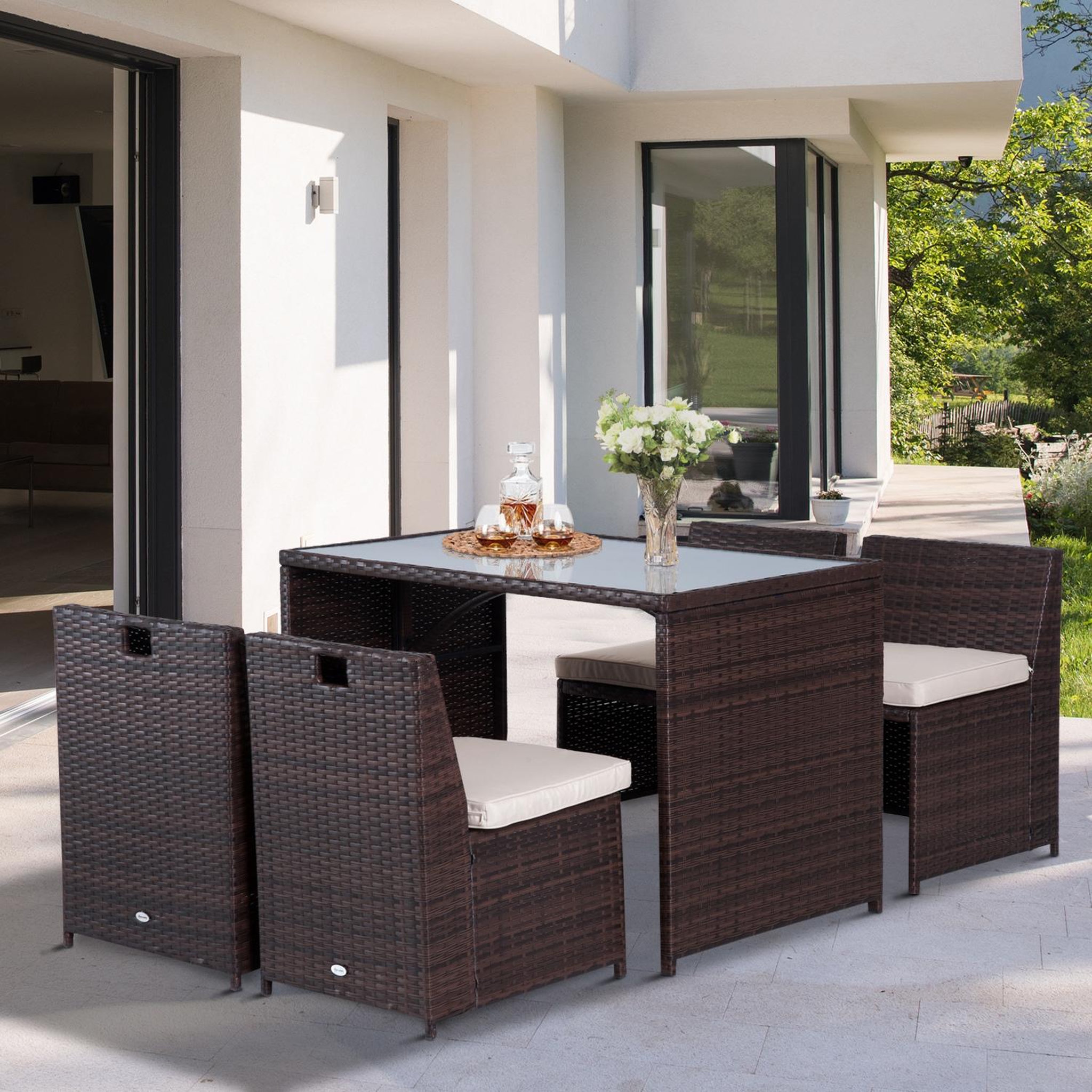Voir la diapositive 2 : OUTSUNNY Ensemble salon de jardin encastrable 4 chaises monoblocs avec coussins déhoussables et table résine tressée chocolat