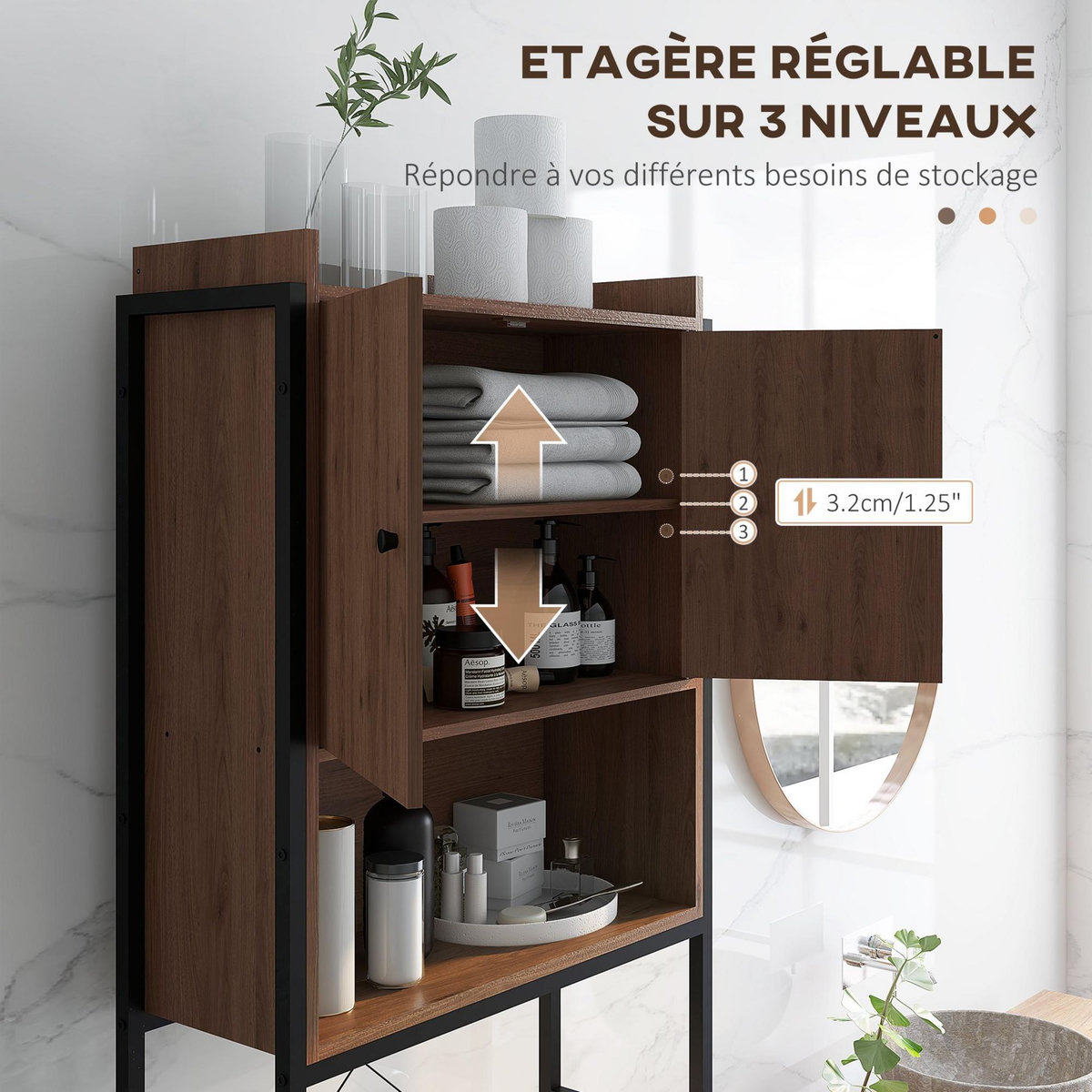 KLEANKIN Meuble WC meuble dessus toilettes style industriel 2 portes avec étagère niche acier noir aspect noyer