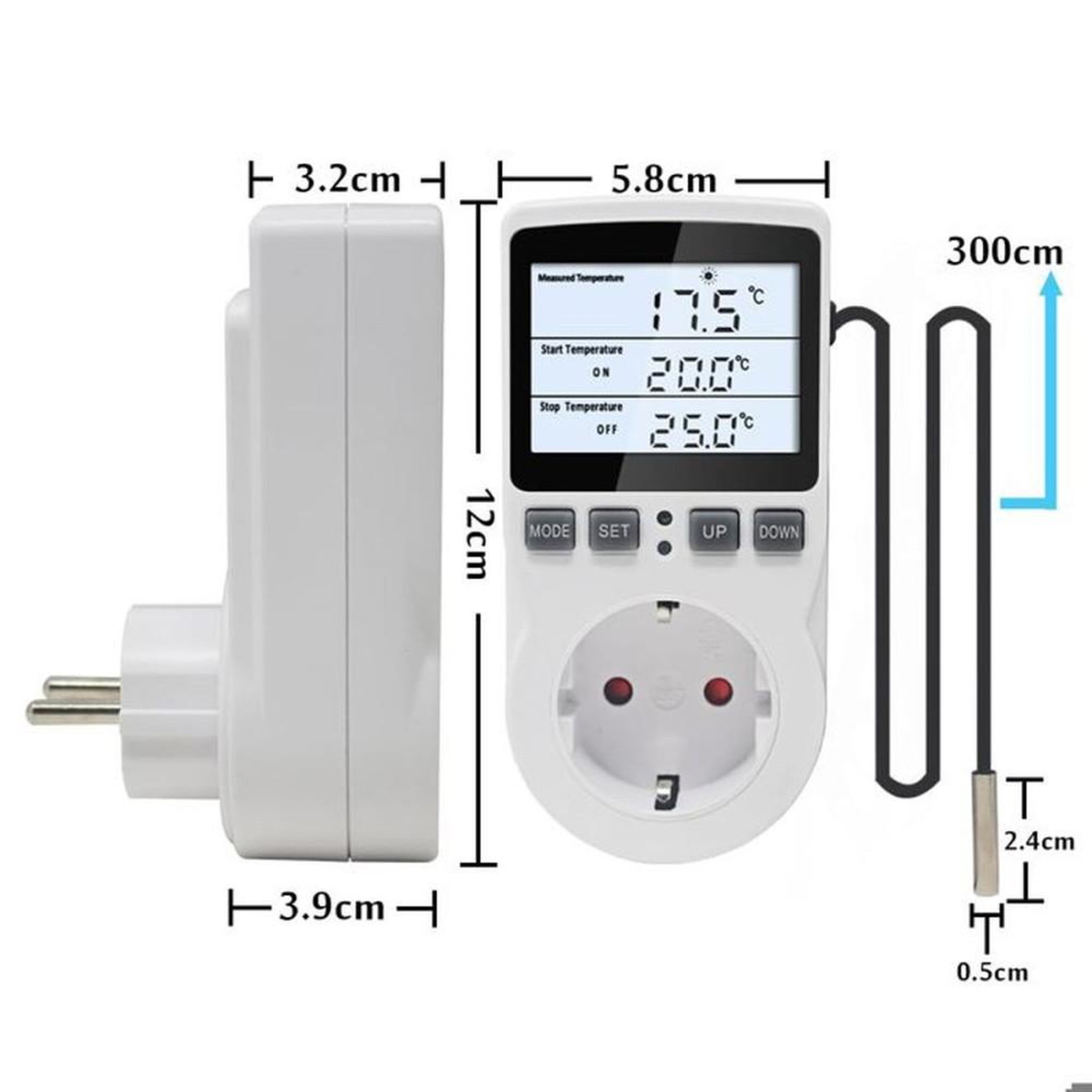 Voir la diapositive 5 : Thermostat digital à prise plug-in avec sonde NTC 3 m, écran LCD rétroéclairé réglable, mode chauffage ou refroidissement, programmation jusqu'à 99 h 59, 16A
