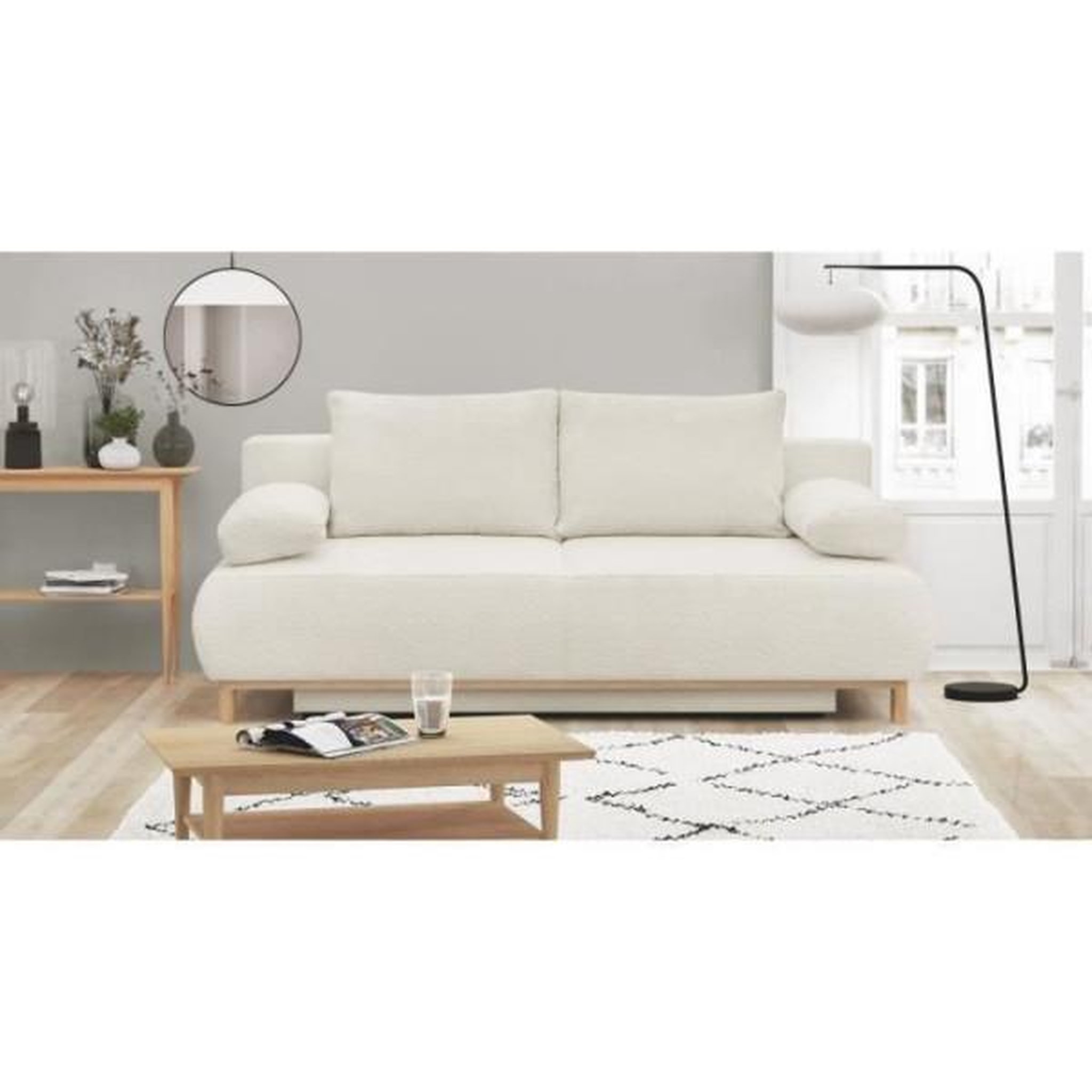 Voir la diapositive 2 : MARKET24 Banquette convertible 3 places MIKA - Tissu Bouclette beige - Coffre de rangement - L 192 x H 84 x P 93 cm