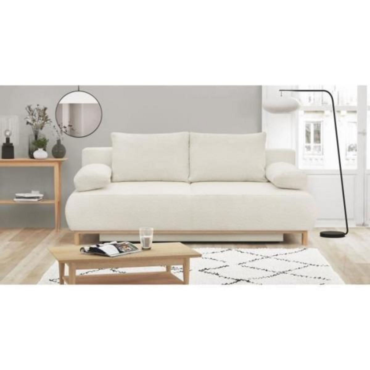 MARKET24 Banquette convertible 3 places MIKA - Tissu Bouclette beige - Coffre de rangement - L 192 x H 84 x P 93 cm
