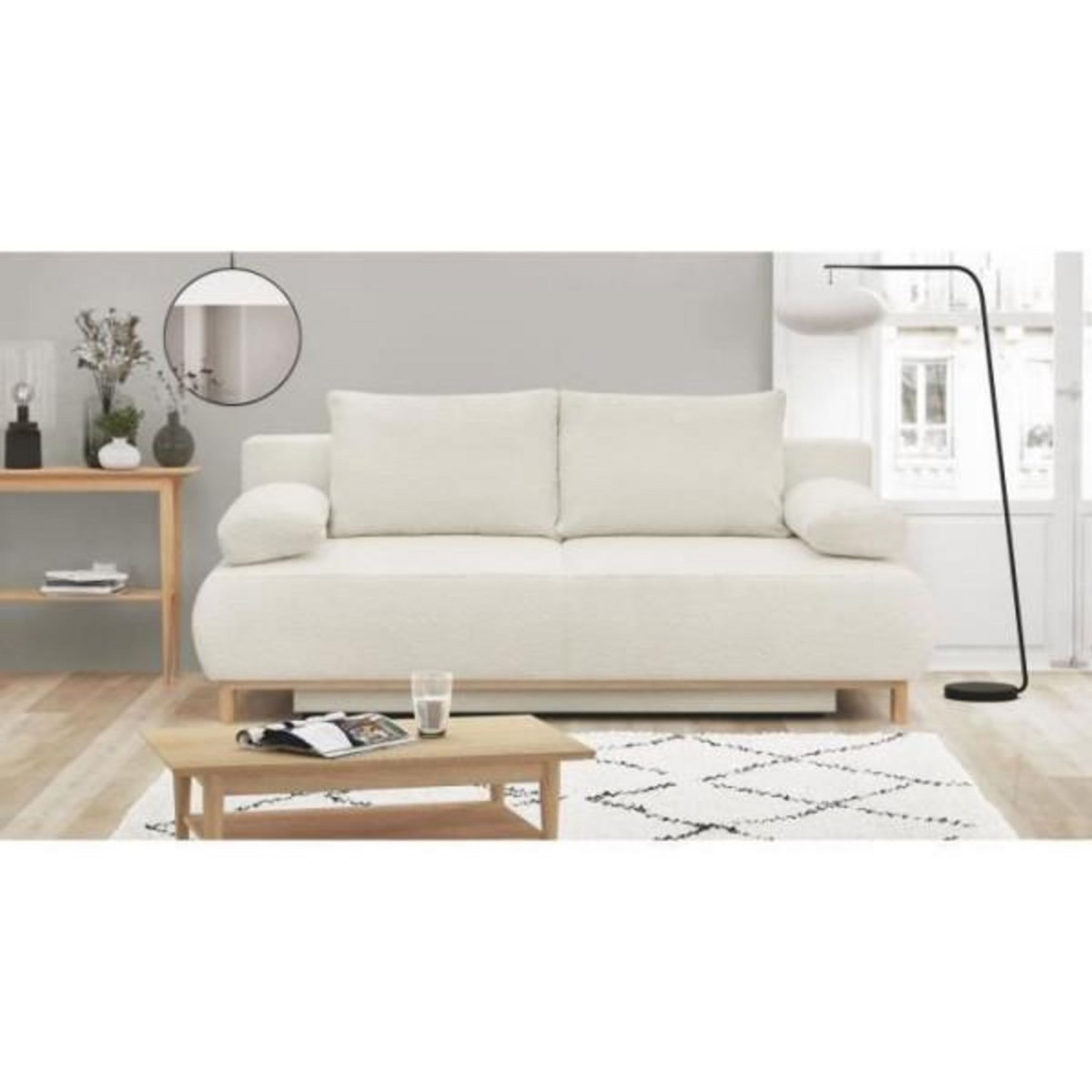 MARKET24 Banquette convertible 3 places MIKA - Tissu Bouclette beige - Coffre de rangement - L 192 x H 84 x P 93 cm