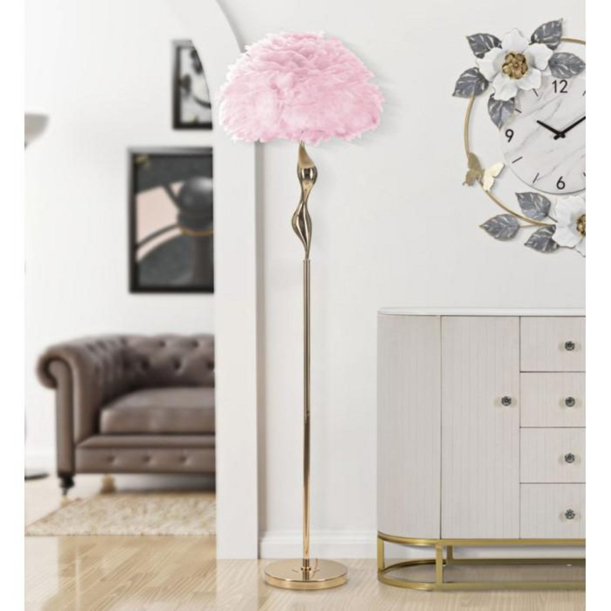 Paris Prix Lampadaire Imitation Plume  Slim  165cm Or & Rose