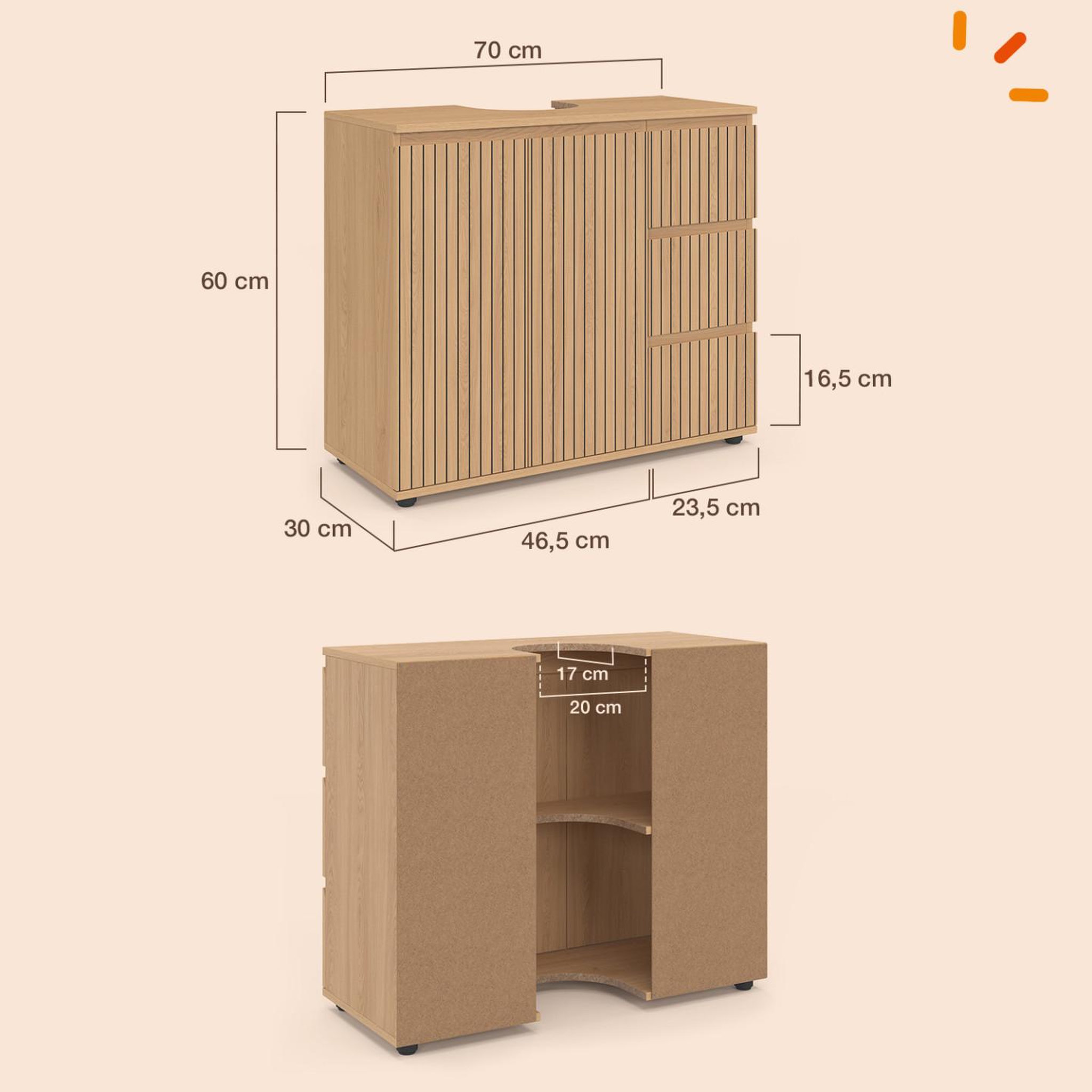 Voir la diapositive 6 : ID MARKET Meuble sous lavabo salle de bain VICTOR avec placard et 3 tiroirs effet lattes