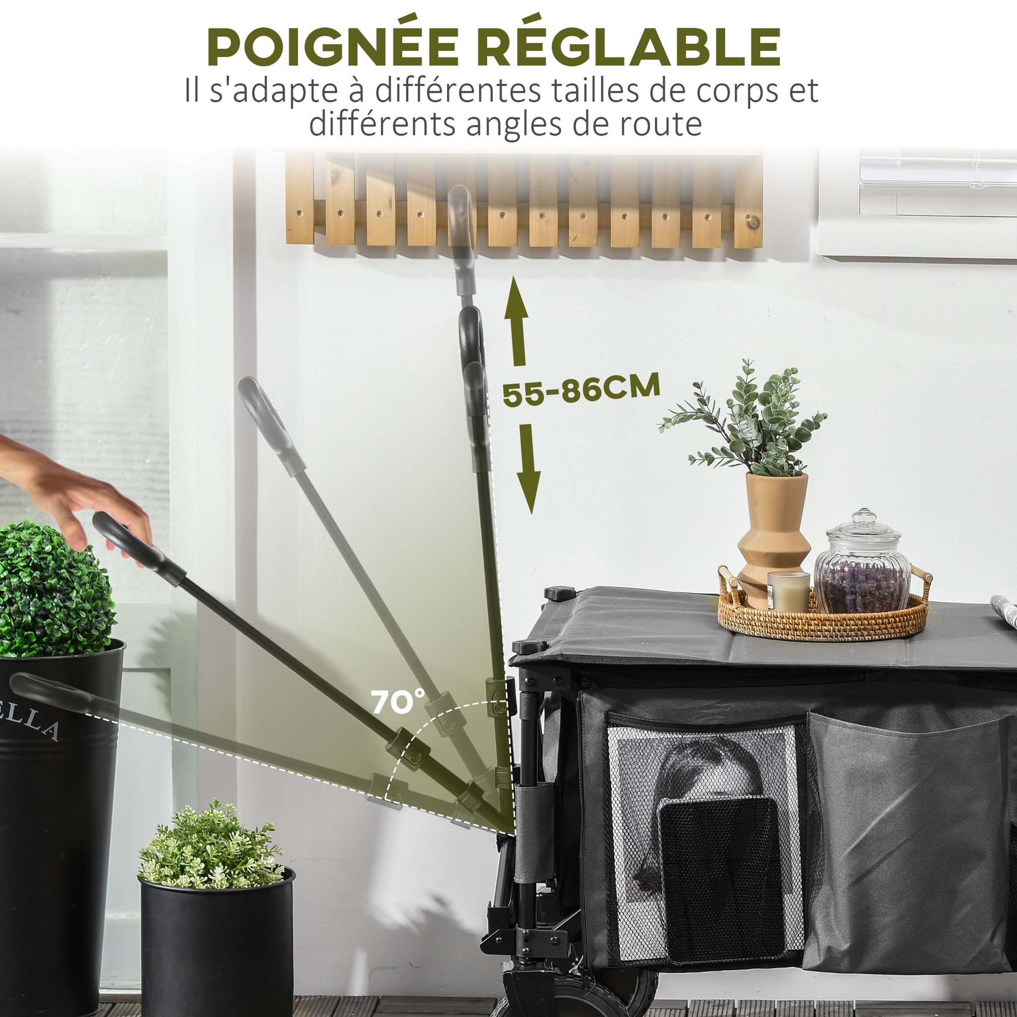 Voir la diapositive 5 : OUTSUNNY Chariot de jardin pliable 4 roues - bâche amovible, poignée télescopique réglable, 5 pochettes rangement - acier polyester gris
