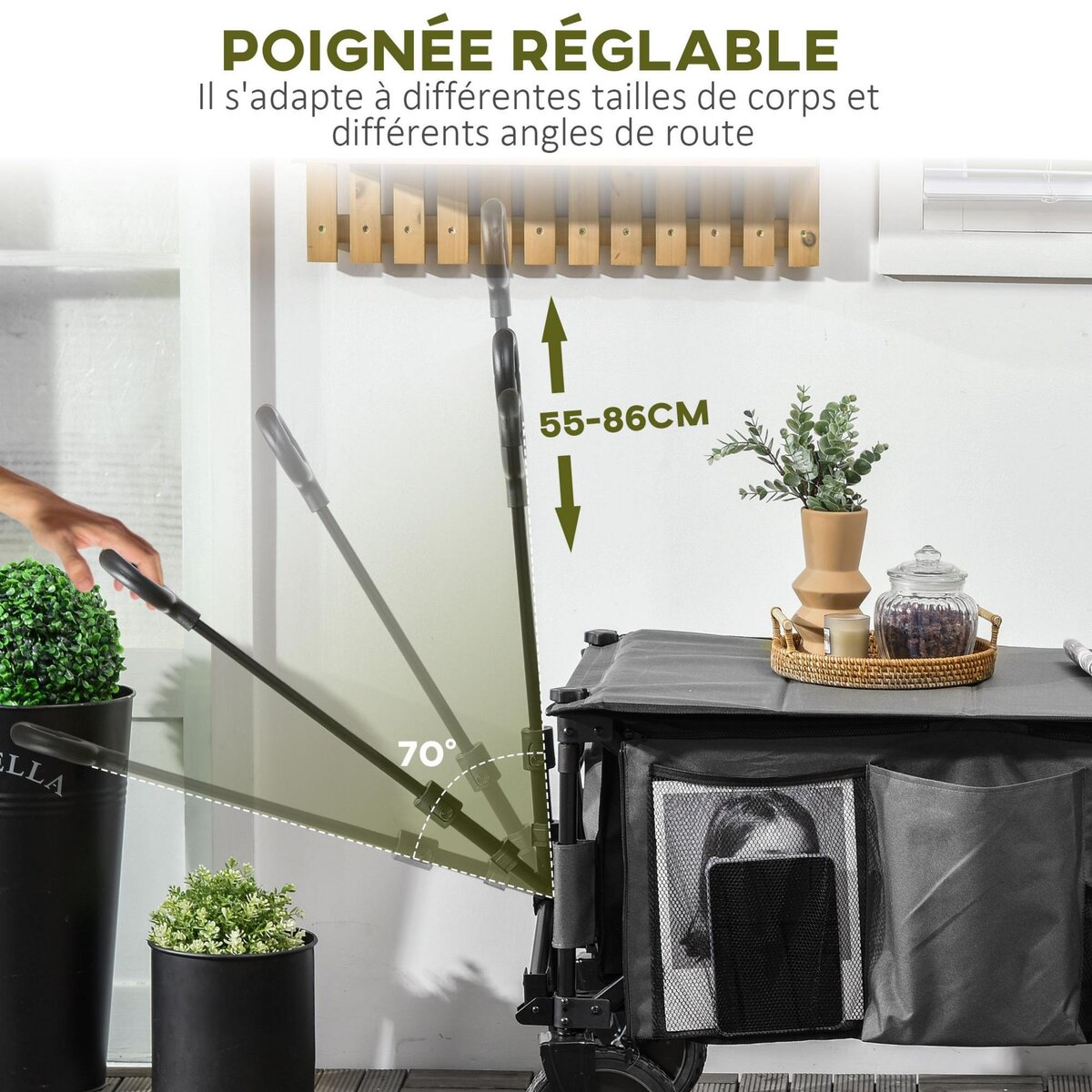 OUTSUNNY Chariot de jardin pliable 4 roues - bâche amovible, poignée télescopique réglable, 5 pochettes rangement - acier polyester gris