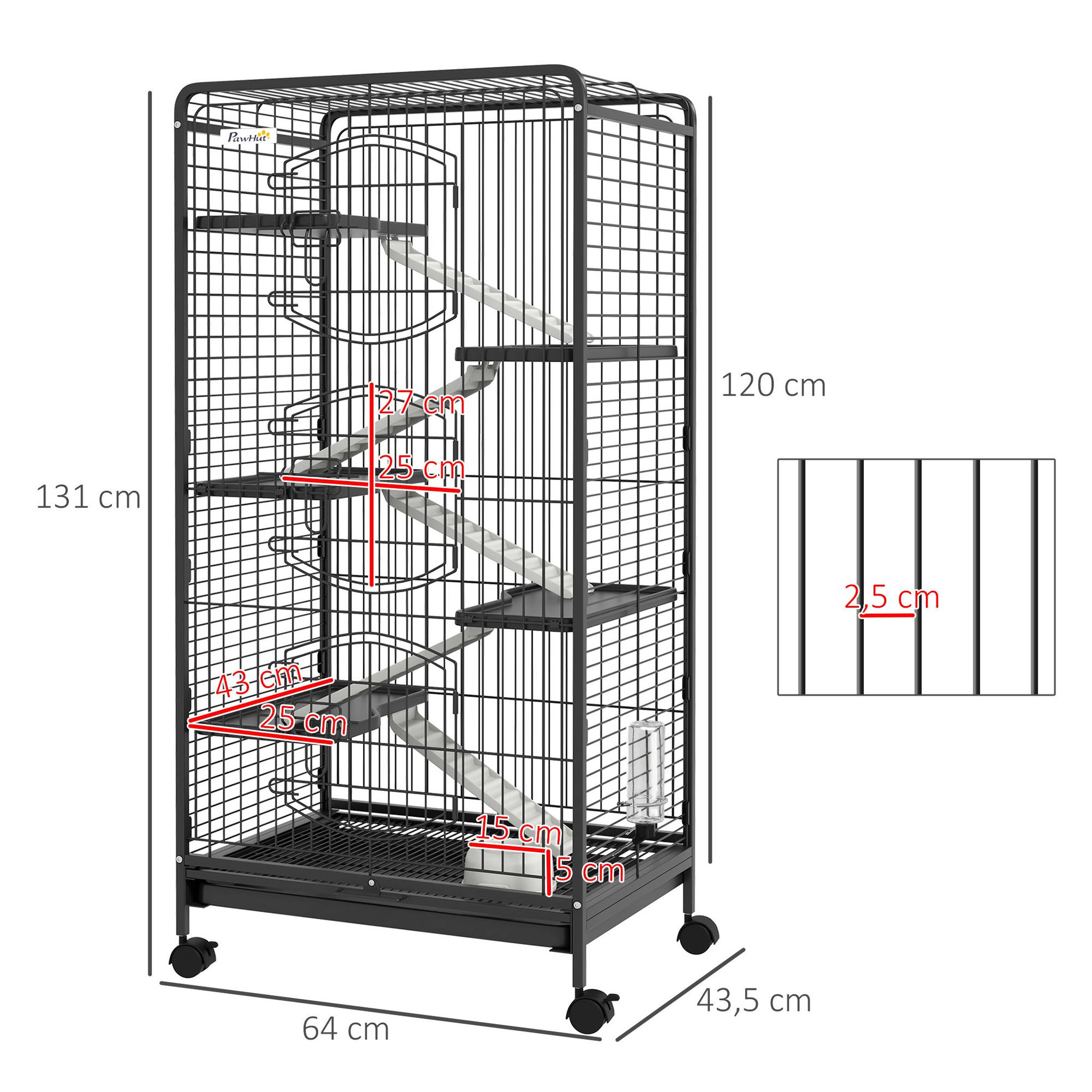 Voir la diapositive 3 : PAWHUT Cage pour petits animaux roulante 5 rampes 5 plateformes gamelle distributeur eau plateau amovible métal PP noir