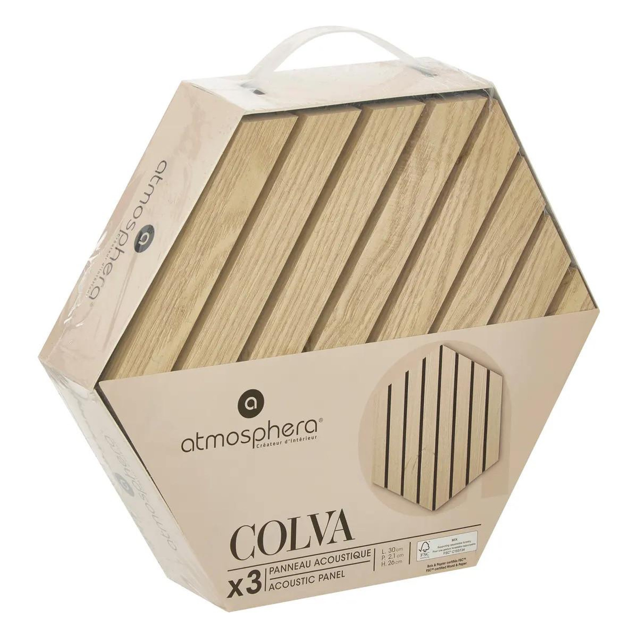 Voir la diapositive 4 : ATMOSPHERA Lot de 3 panneaux déco hexagonal  colva  30x26cm naturel
