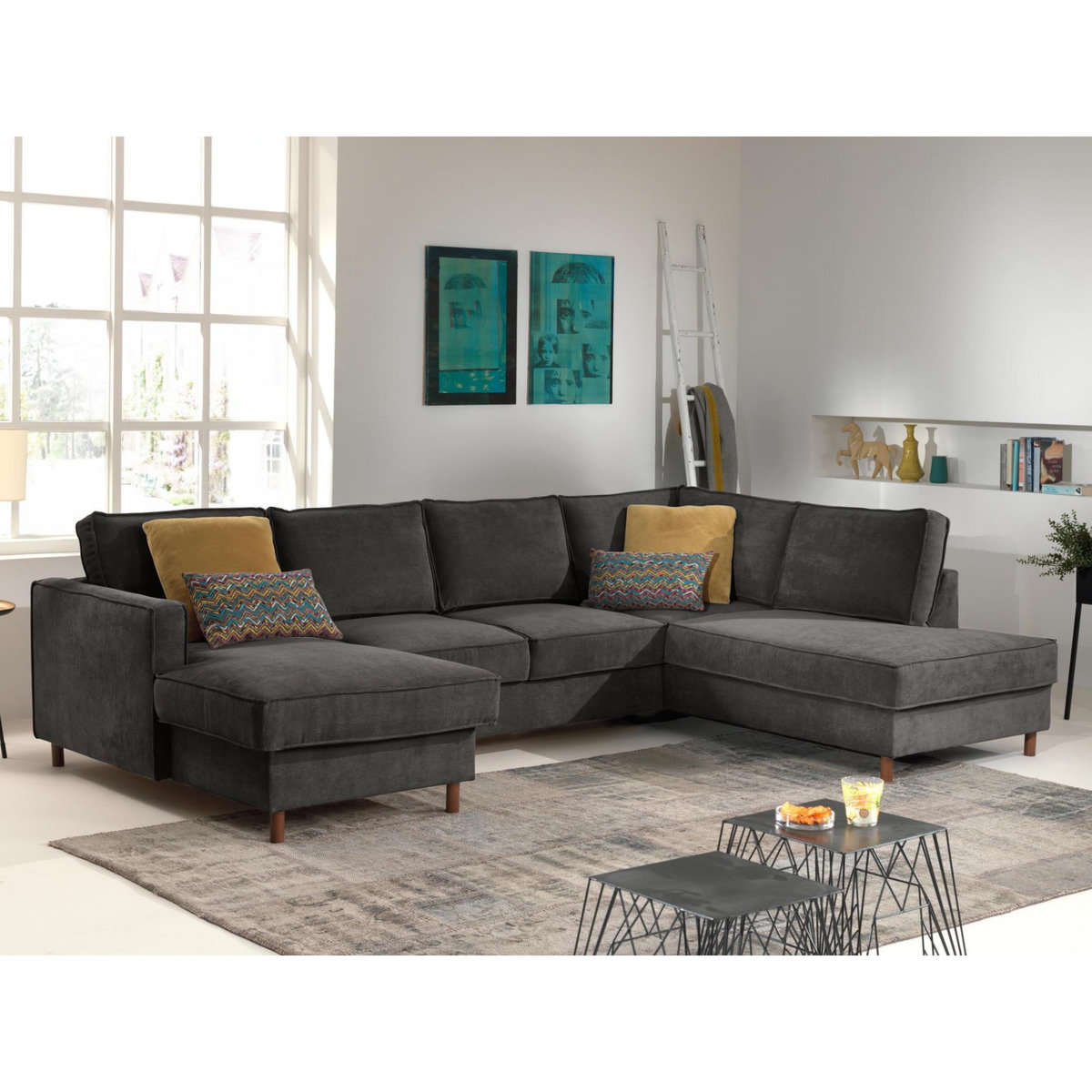 LISA DESIGN Jake - canapé panoramique d'angle droit - convertible avec coffre - 7 places - en velours côtelé