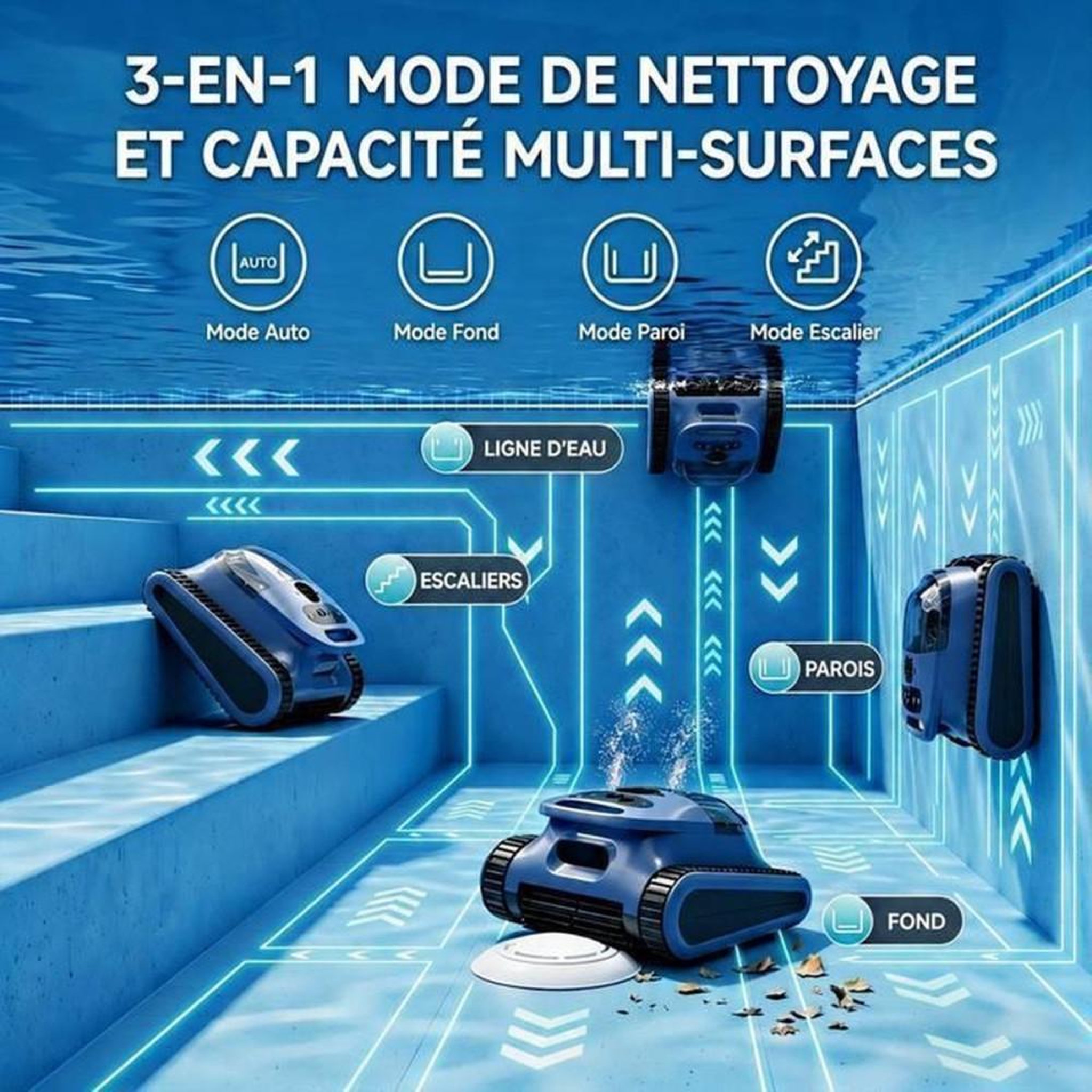 Voir la diapositive 3 : Robot de nettoyage de piscine sans fil, sol/murs/ligne d'eau, contrôle application, 200 m², 45 000 Pa, 3 L, IPX8