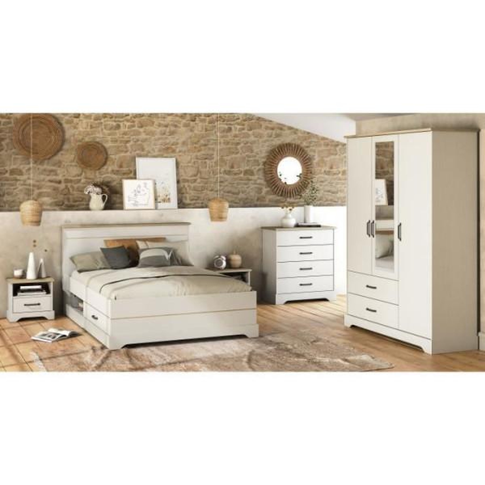 Voir la diapositive 2 : Demeyere Lit adulte COTTAGE 140x190/200 cm - Mélamine blanc et décor chene Kronberg - 2 Tiroirs- L 153,40 x P 214,70 x H 102,20 cm -