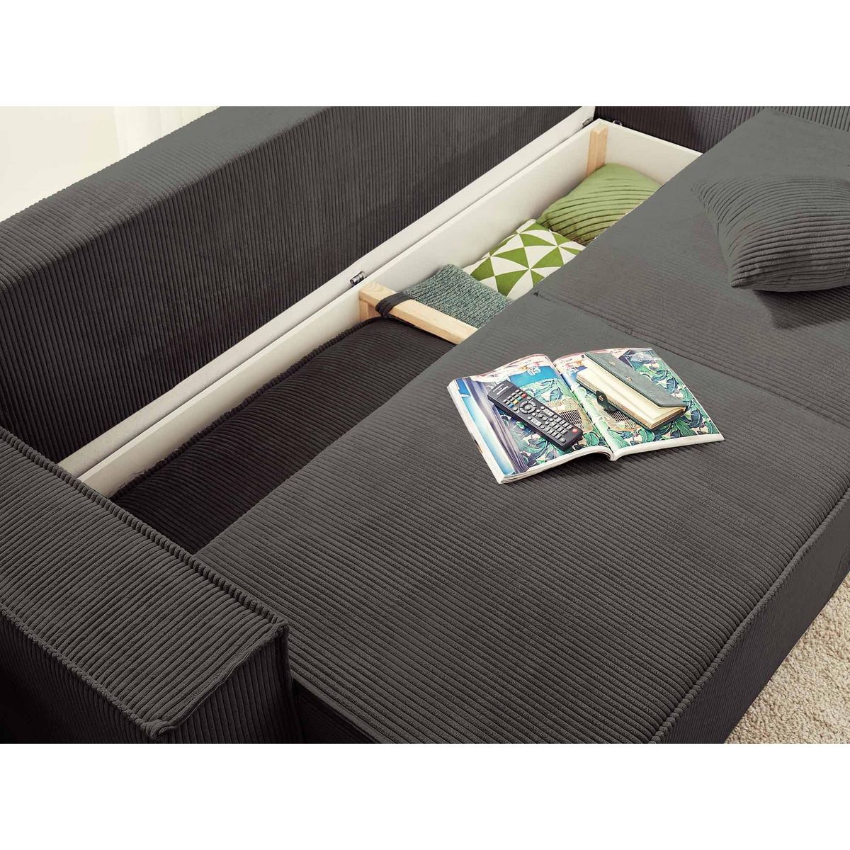 BEST MOBILIER Dellia - canapé 3 places convertible - avec coffre - en velours côtelé - style contemporain