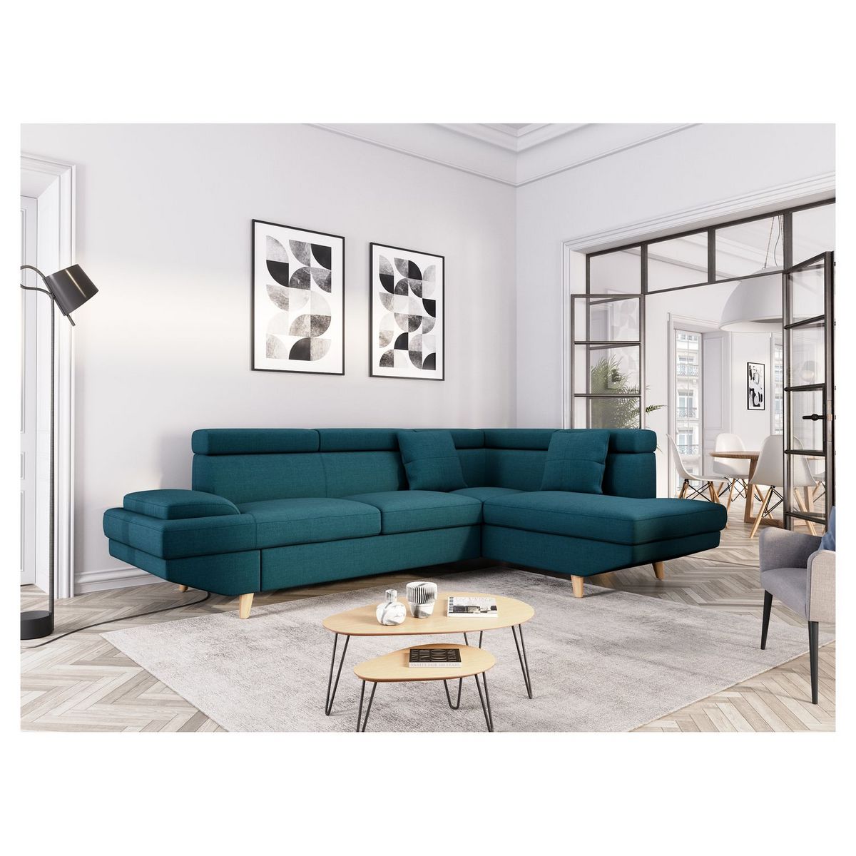 Canapé d'angle droit convertible 5 places tissu pieds bois clair MARIUS 