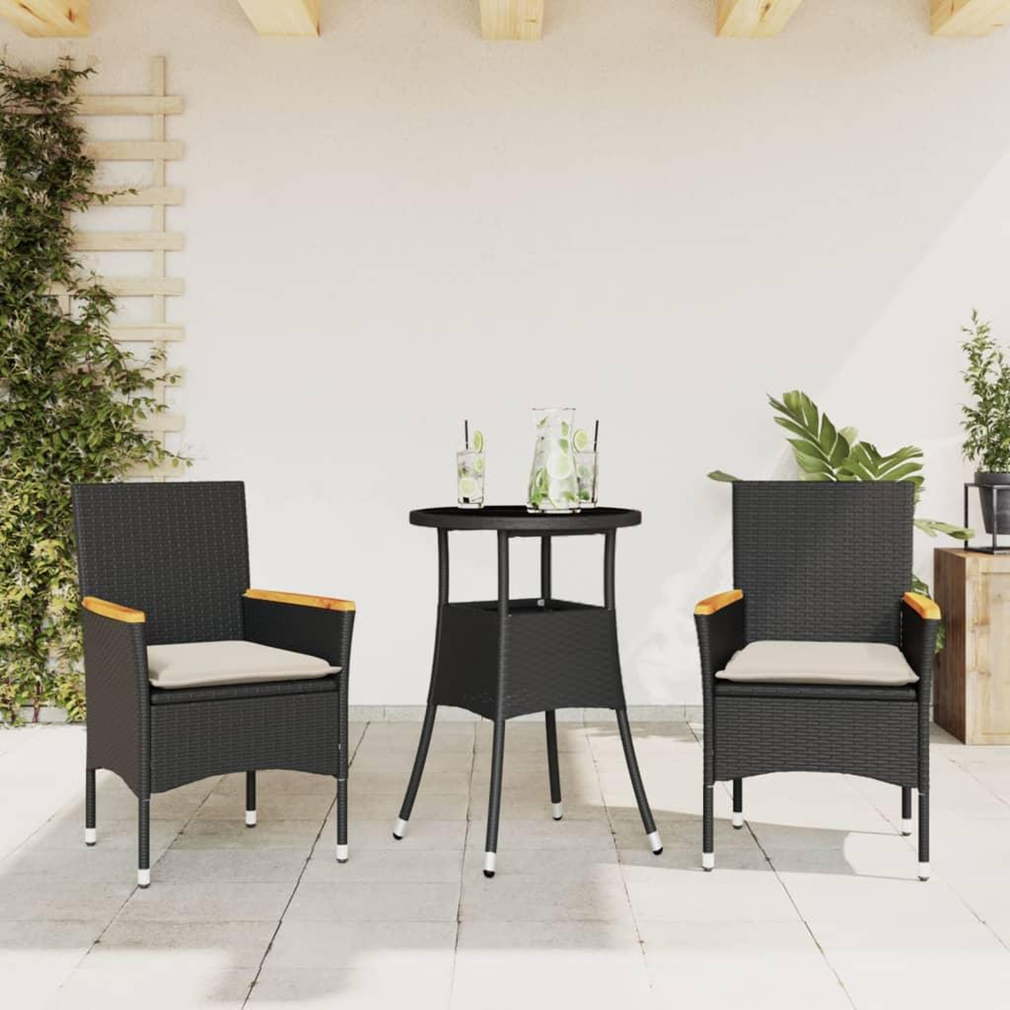 VIDAXL Ensemble a manger de jardin et coussins 3 pcs noir rotin verre