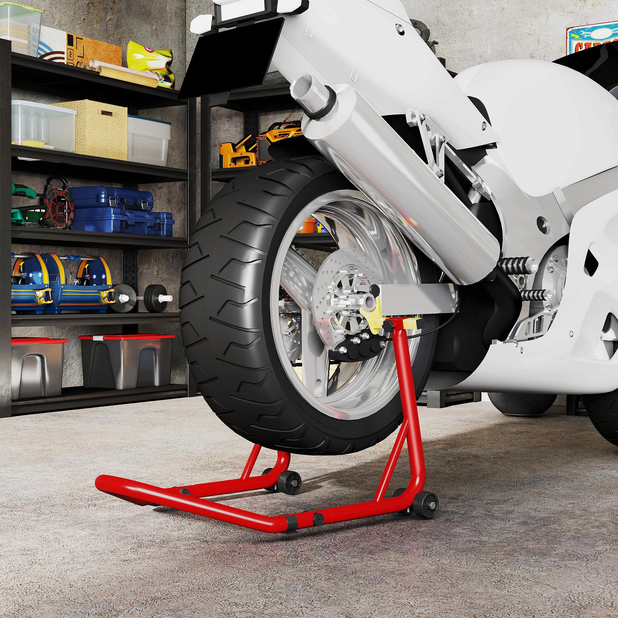 Voir la diapositive 4 : HOMCOM Bloque roue arrière de moto capacité 544Kg acier largeur 310-380 ou 300-400mm rouge