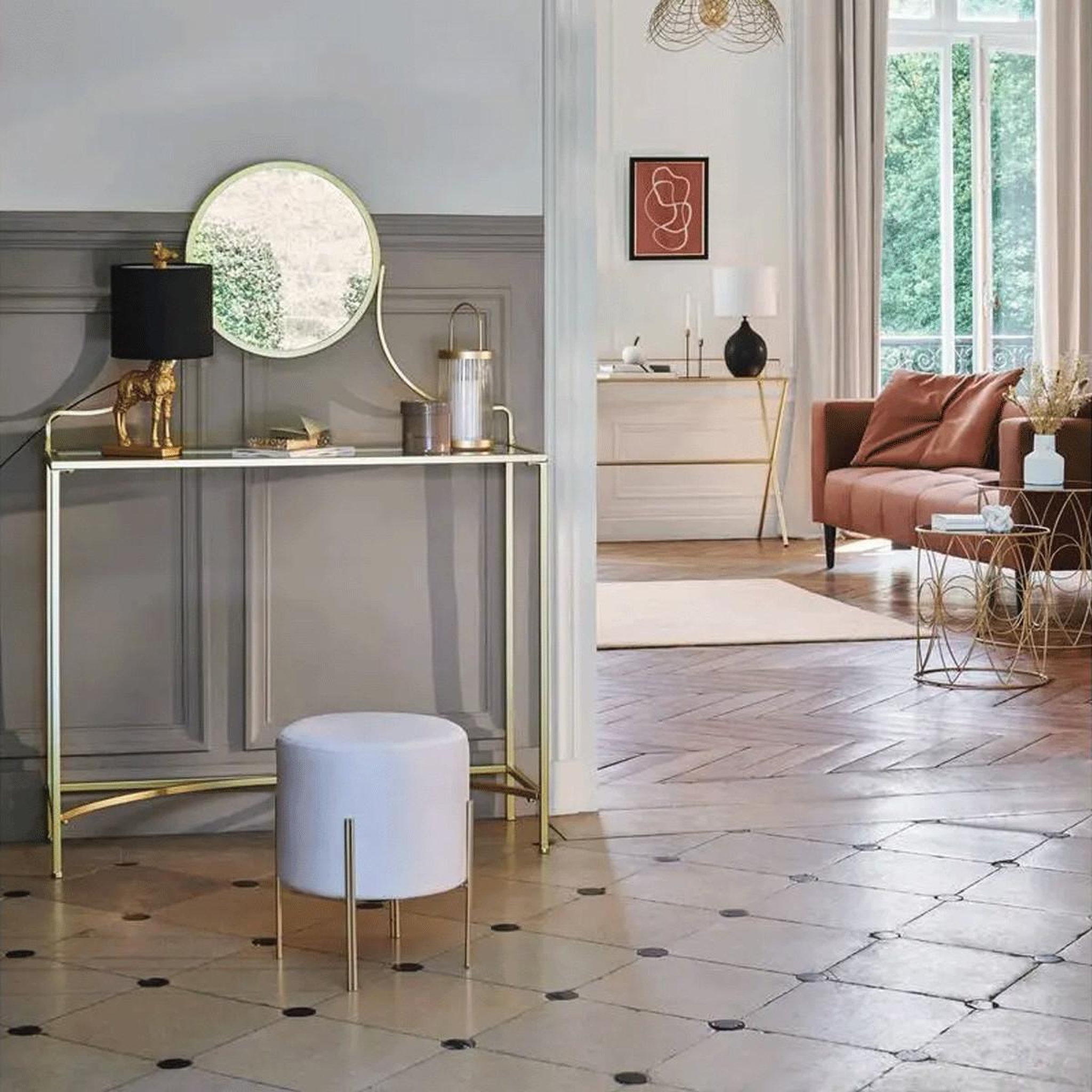 Voir la diapositive 2 : ATMOSPHERA Tabouret design en velours  living  40cm ivoire & or